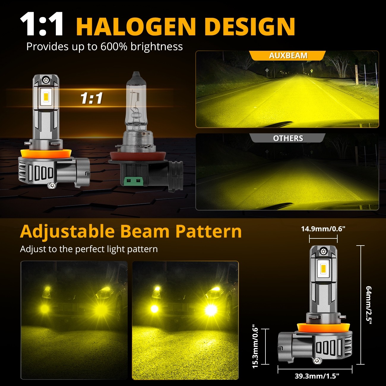 AUXBEAM H11 H8 LED Bulbs 3000K Yellow Super Bright Fog Light High Power 16000LM