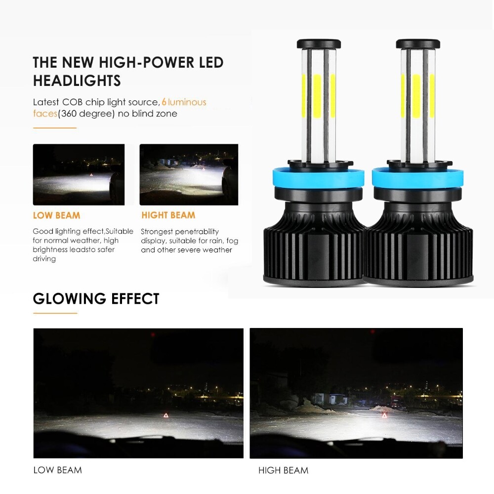6-sides H11 LED Headlight Low Beam Bulbs Bright White 6500K 2500000LM High Power