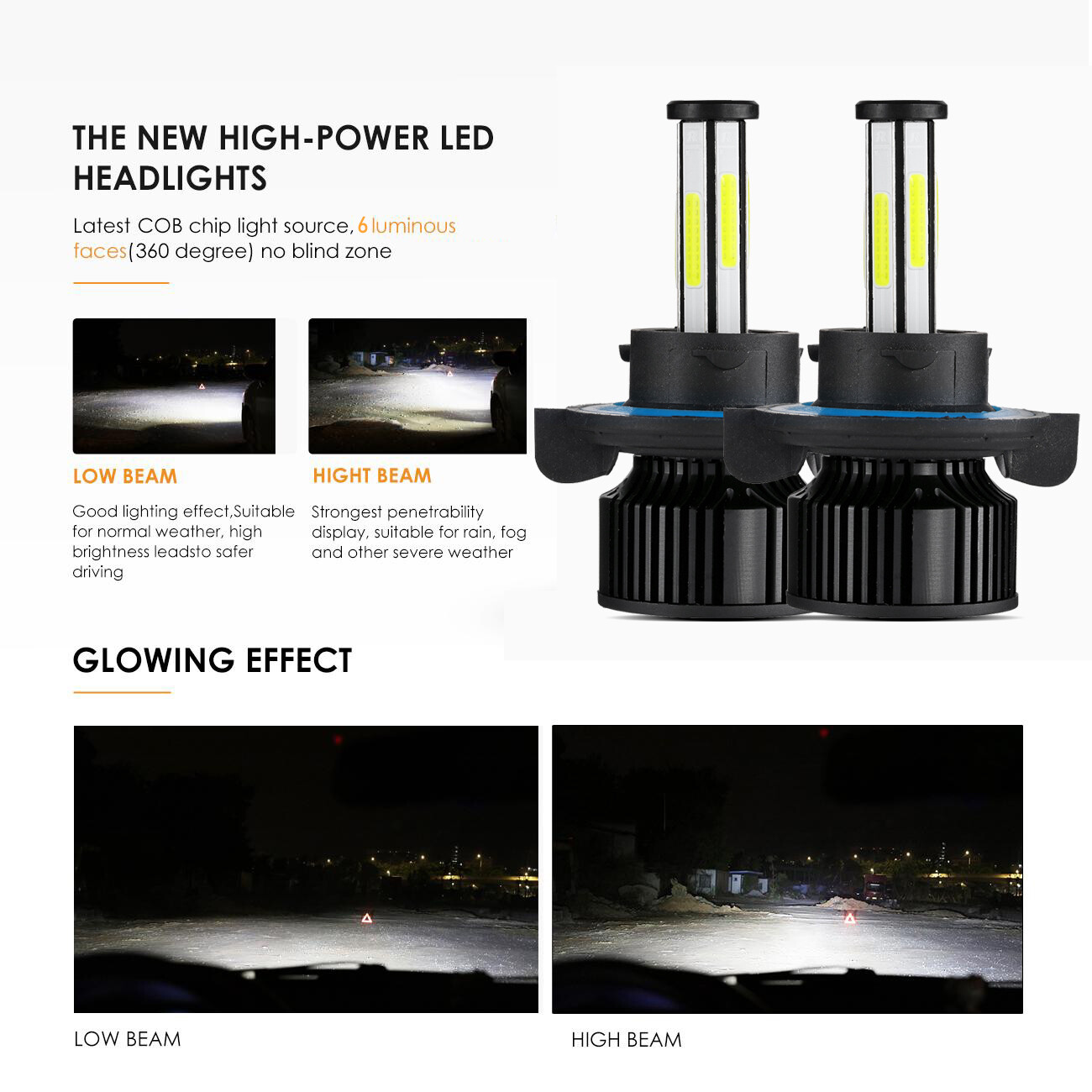 6-Sides 9008 H13 360° LED Headlight Bulbs Kit High Low Beam 6500K Bright White