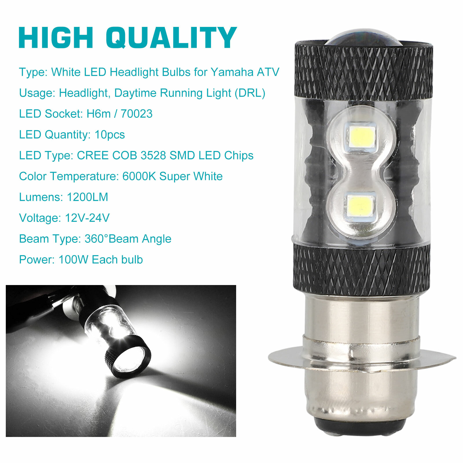 2x 6000K HID White H6M LED Headlight For Yamaha YFZ450R Rhino 700 Raptor YFM660