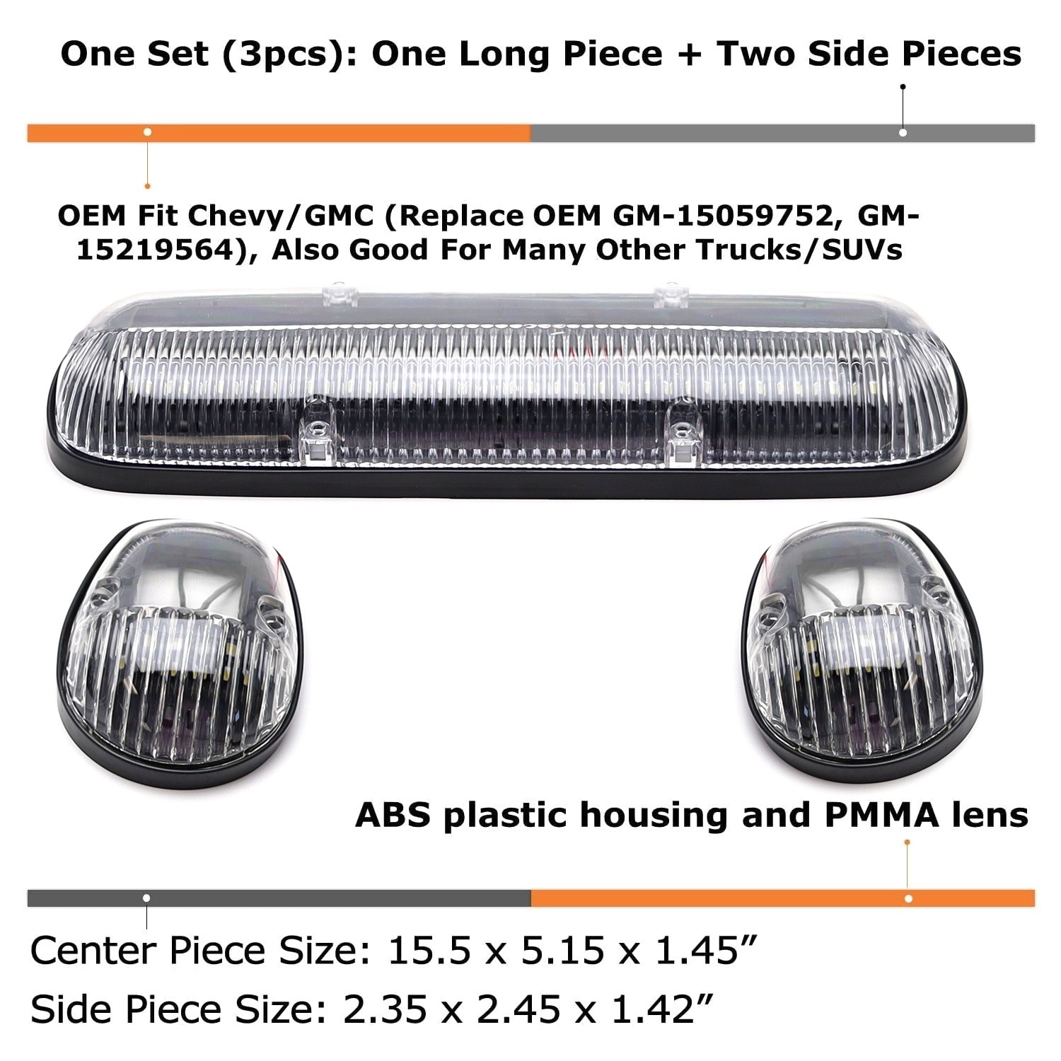 Clear Lens 3pc Cab Roof Marker Running Lights w/White LED Lamp For Truck SUV 4×4