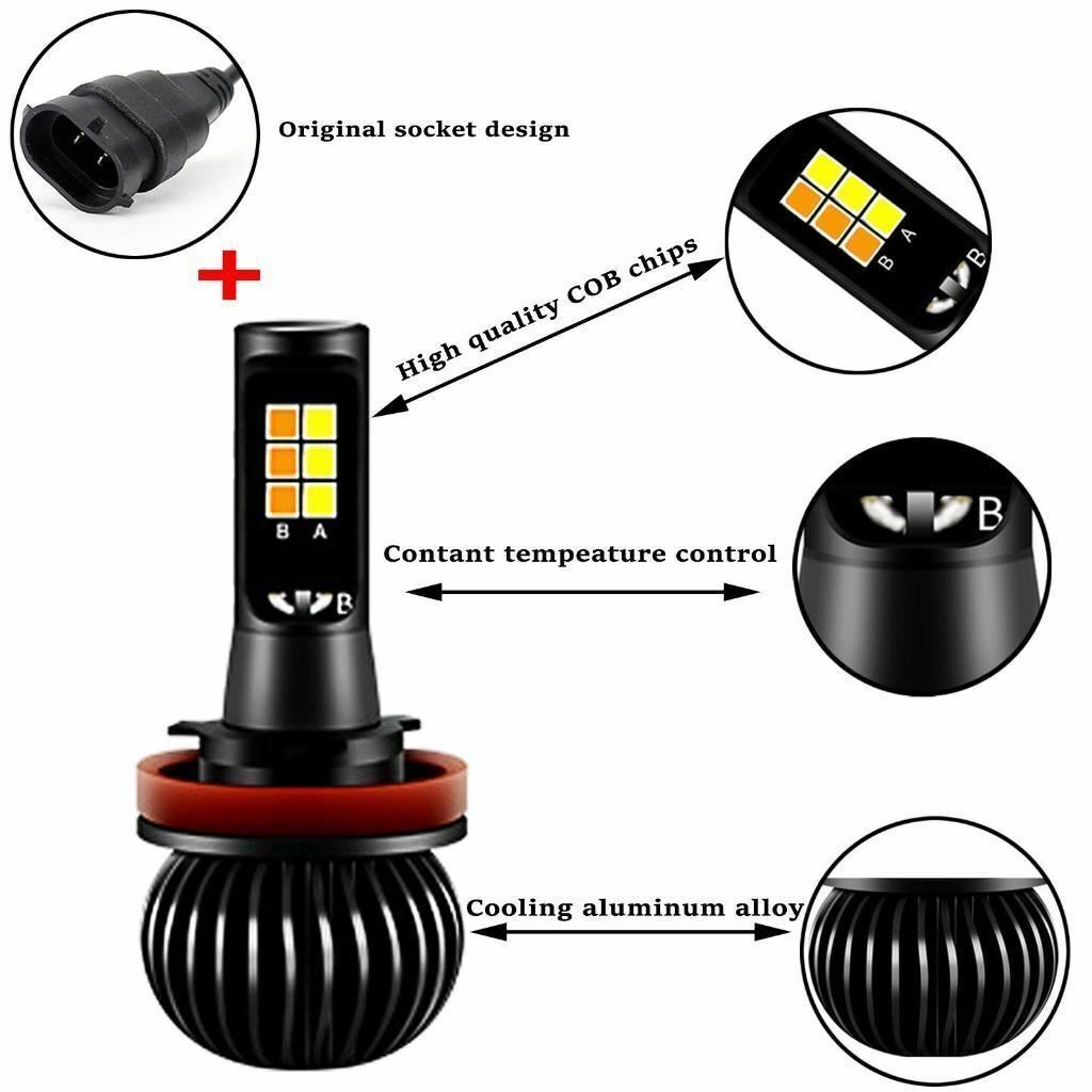 2X H11 H8 DUAL COLOR SWITCHBACK LED FOG LIGHT BULBS 6K/3K YELLOW+WHITE DRL 160W