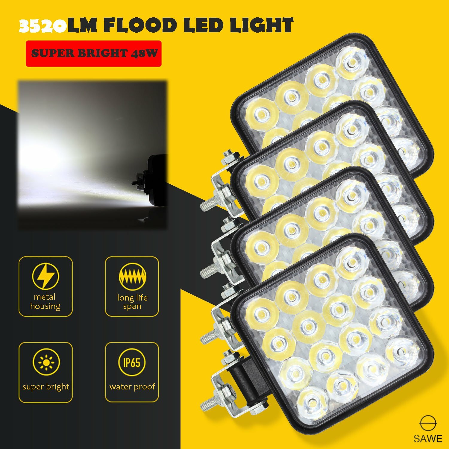4 x 48W LED Work Light Truck OffRoad Tractor Flood Lights 12V 24V White ATV SUV