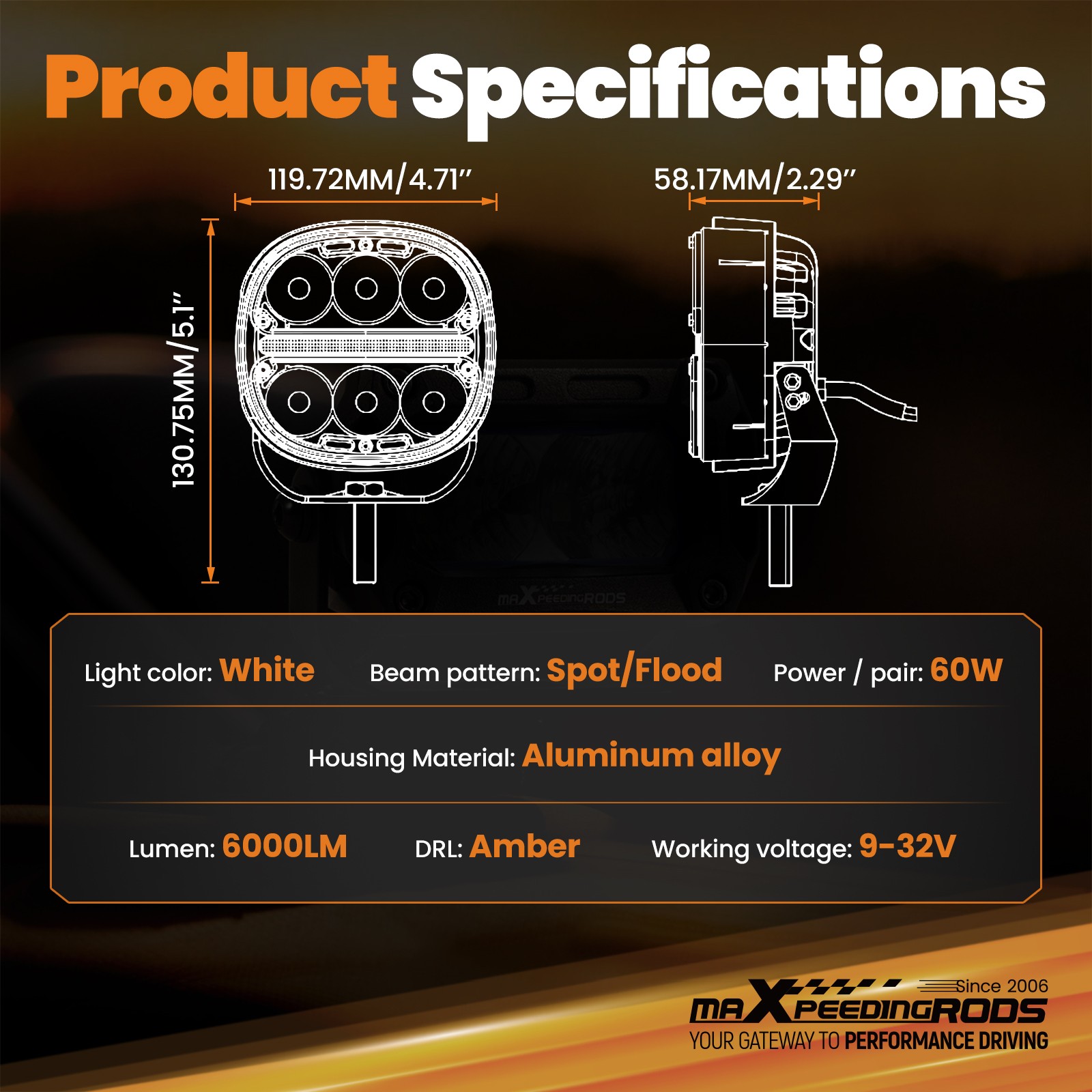 5inch Universal LED Driving Auxiliary Light 60W Spot Flood IP67 6000K 3000K
