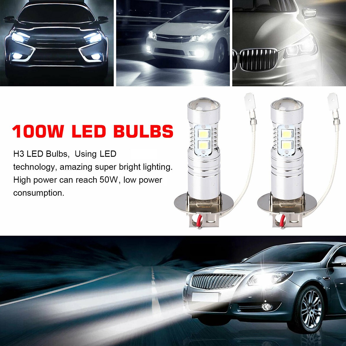 H3 50W High Power LED Fog Light Bulb 6500K 50000 Hours For Ford F-150 Direct Fit