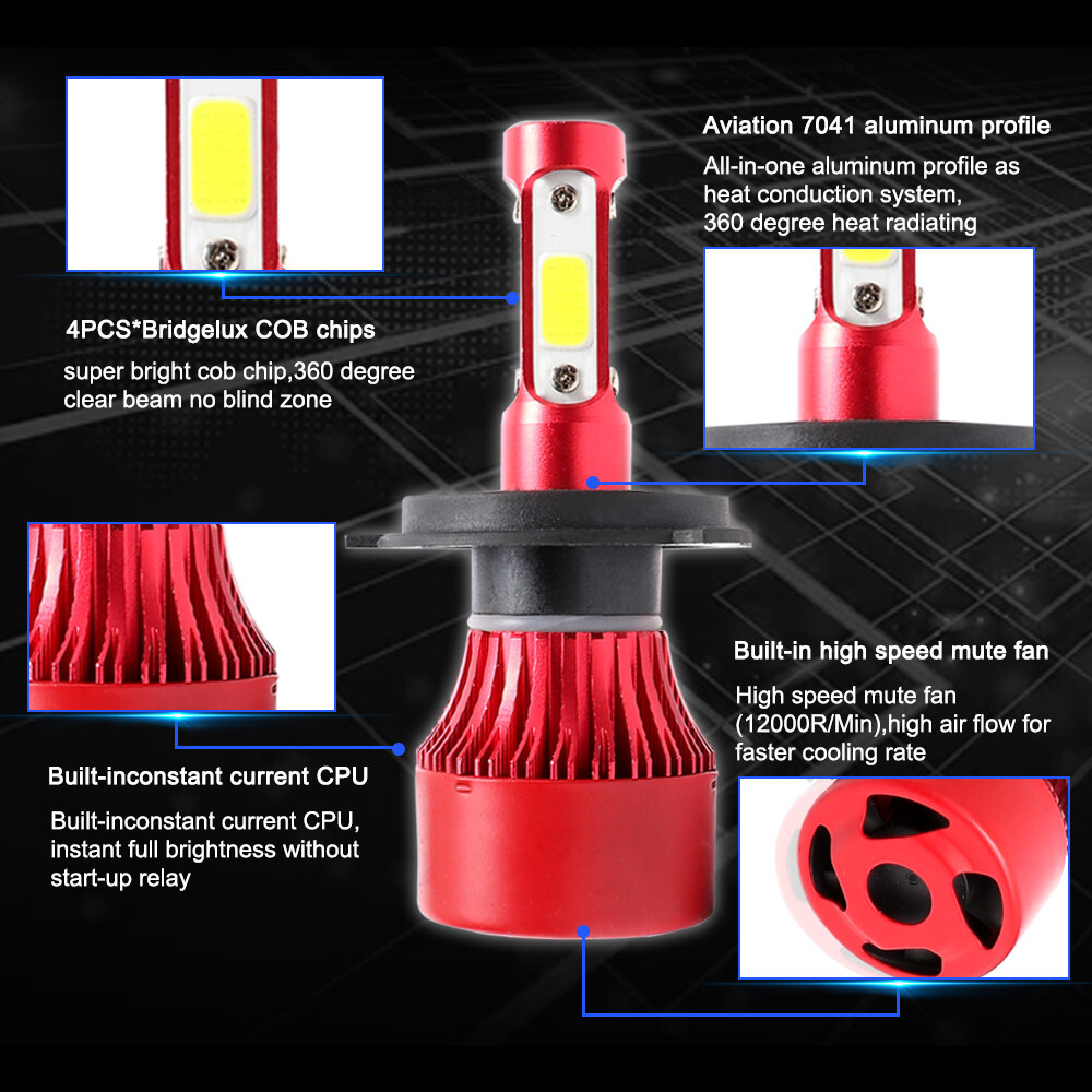 4-Side H4 LED Headlights Kit Hi/Low Beam 6500K 9003 HB2 Bright White Light Bulbs