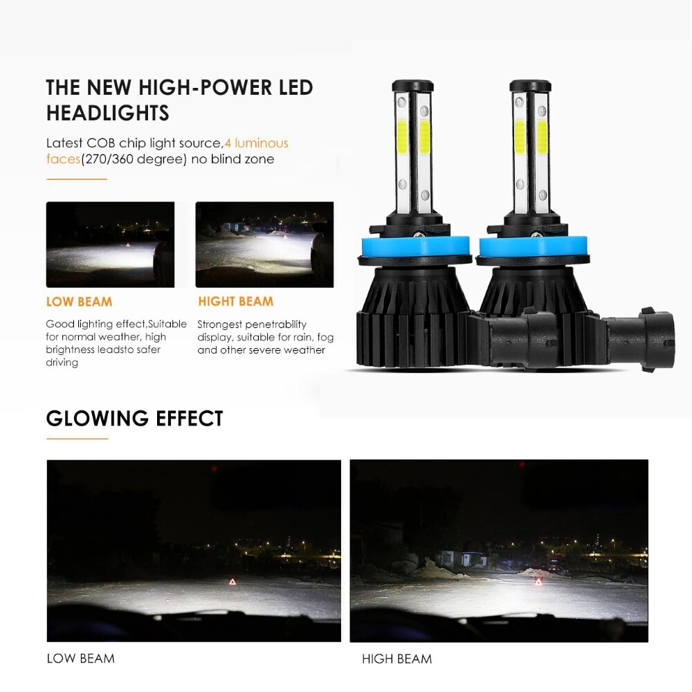 4-Side H9 H11 LED Headlight High Low Beam Bulb Super Bright 6500K White 360000LM