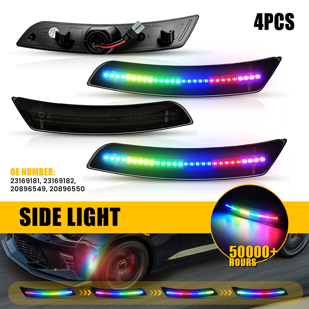 20896549 Fit 16-23 Chevy Camaro Smoked LED Side Marker Colorful Flowing Light 4X