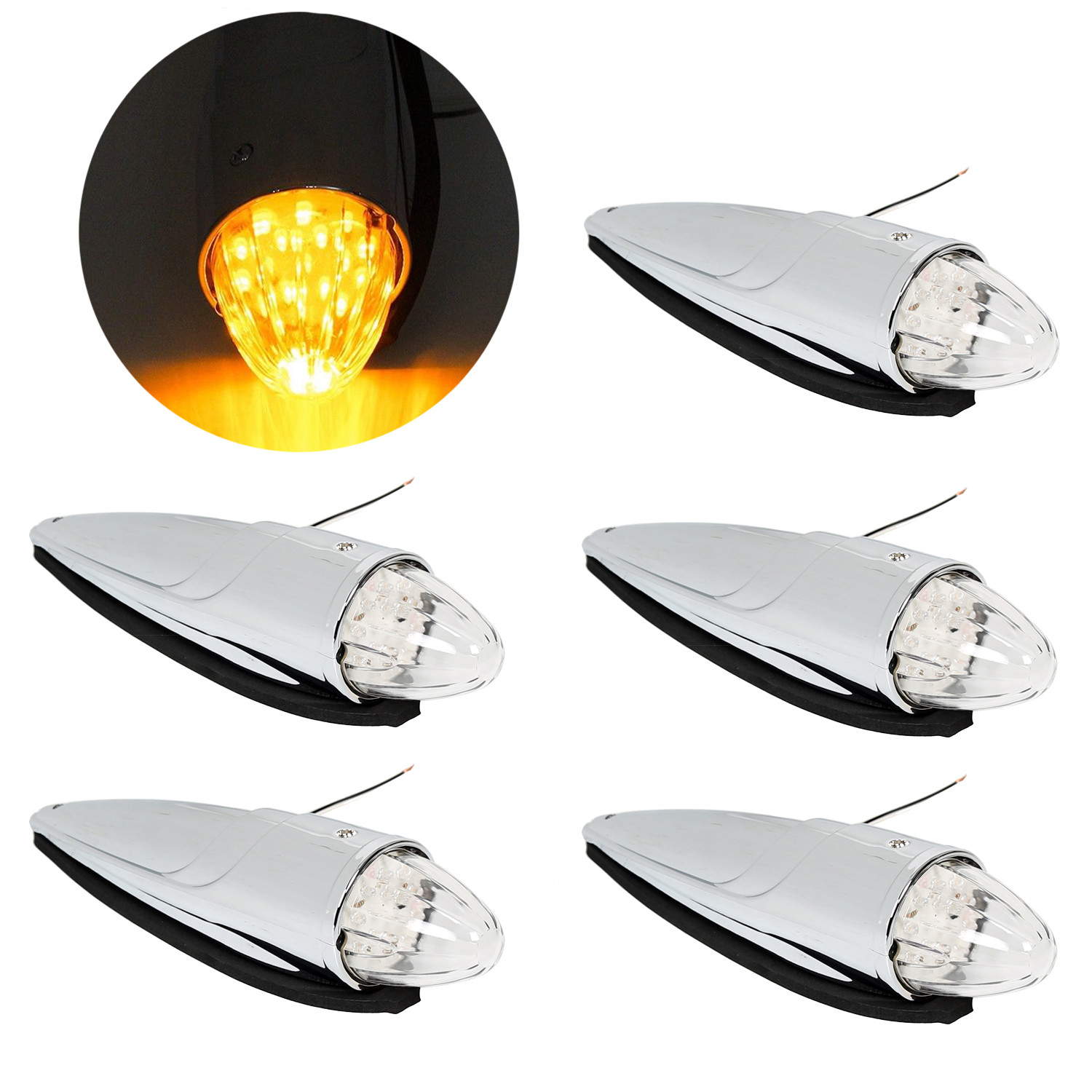 5pcs Roof Top Cab Lights Amber Marker Lights Chrome For Kenworth Mack Peterbilt