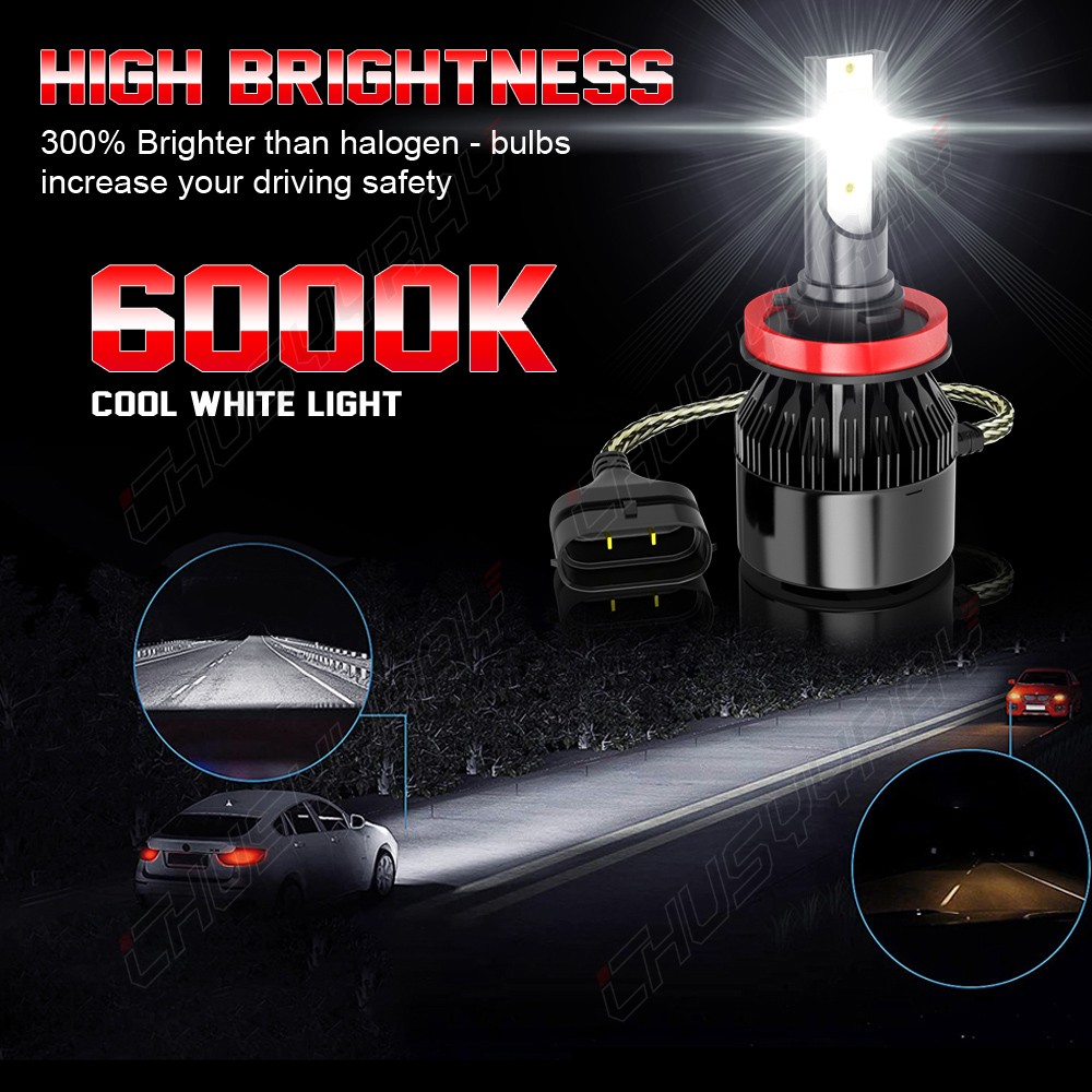 2pcs H9 H11 LED Headlights Bulbs 100W 12000LM Per Pair 500% Brighter 6000K White