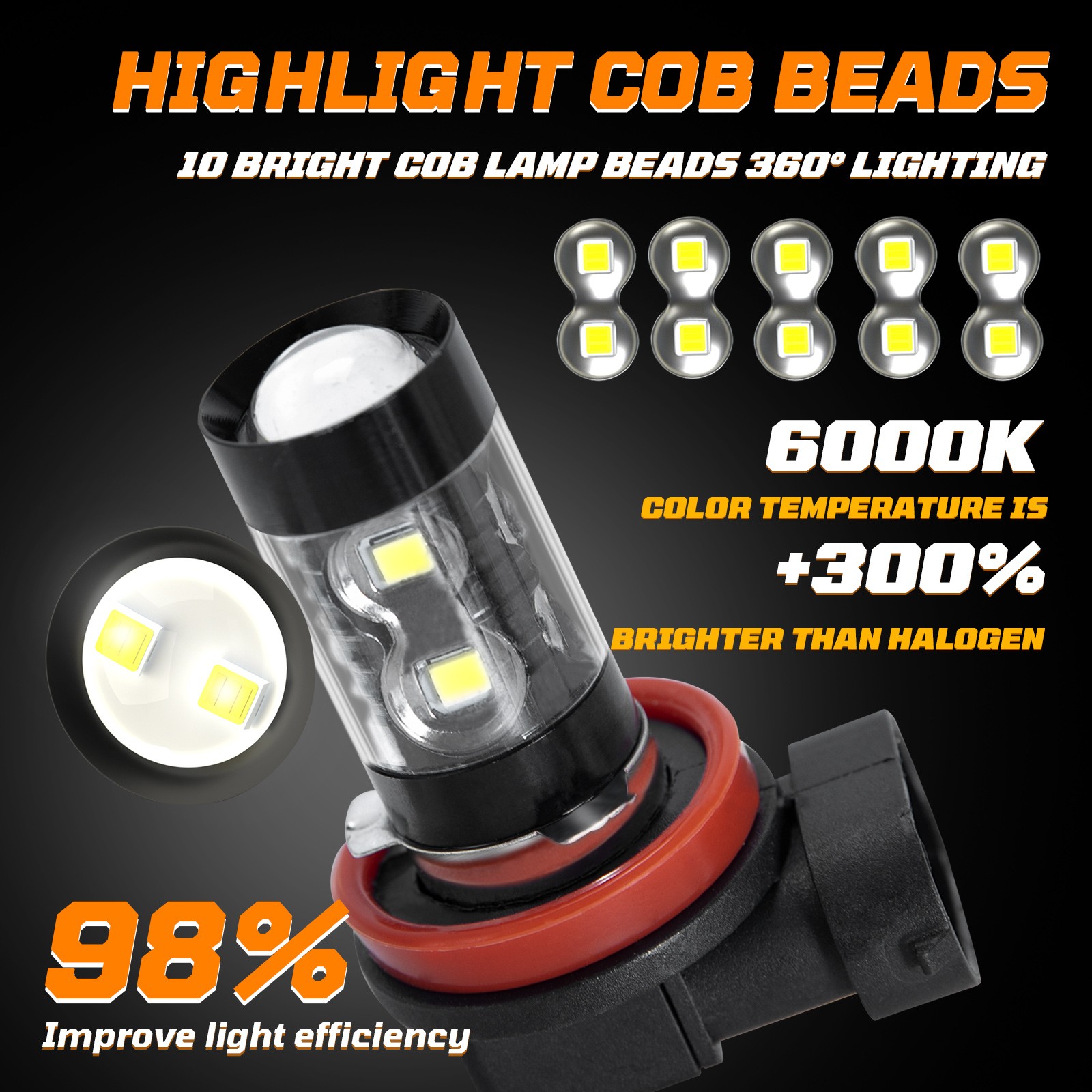 9012 HIR2 H11 Full Front LED Headlight High Low Beam Fog Light Bulbs LED White