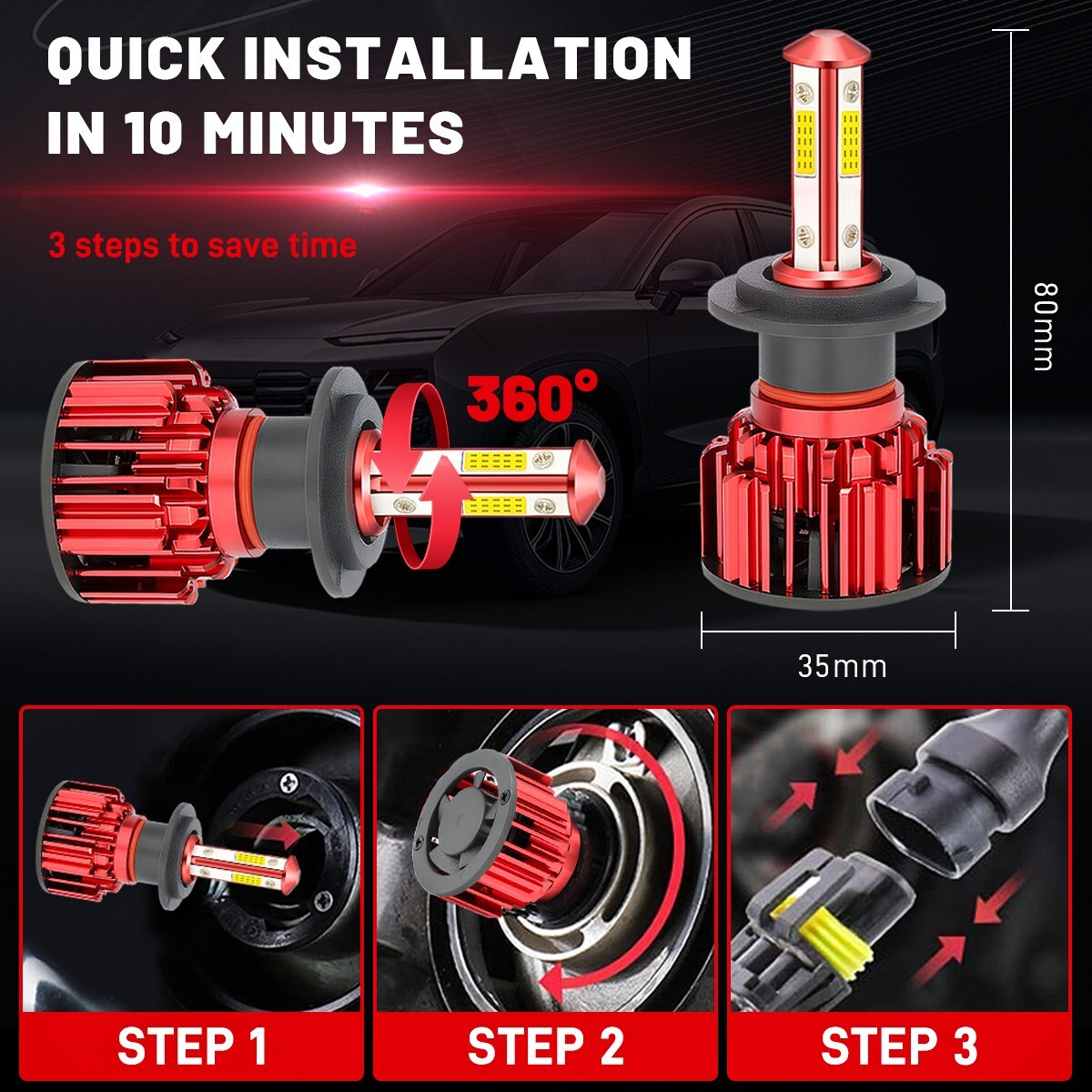 4 Sides H7 LED Headlight Bulb Kit High Low Beam 6500K White Super Bright 20000LM