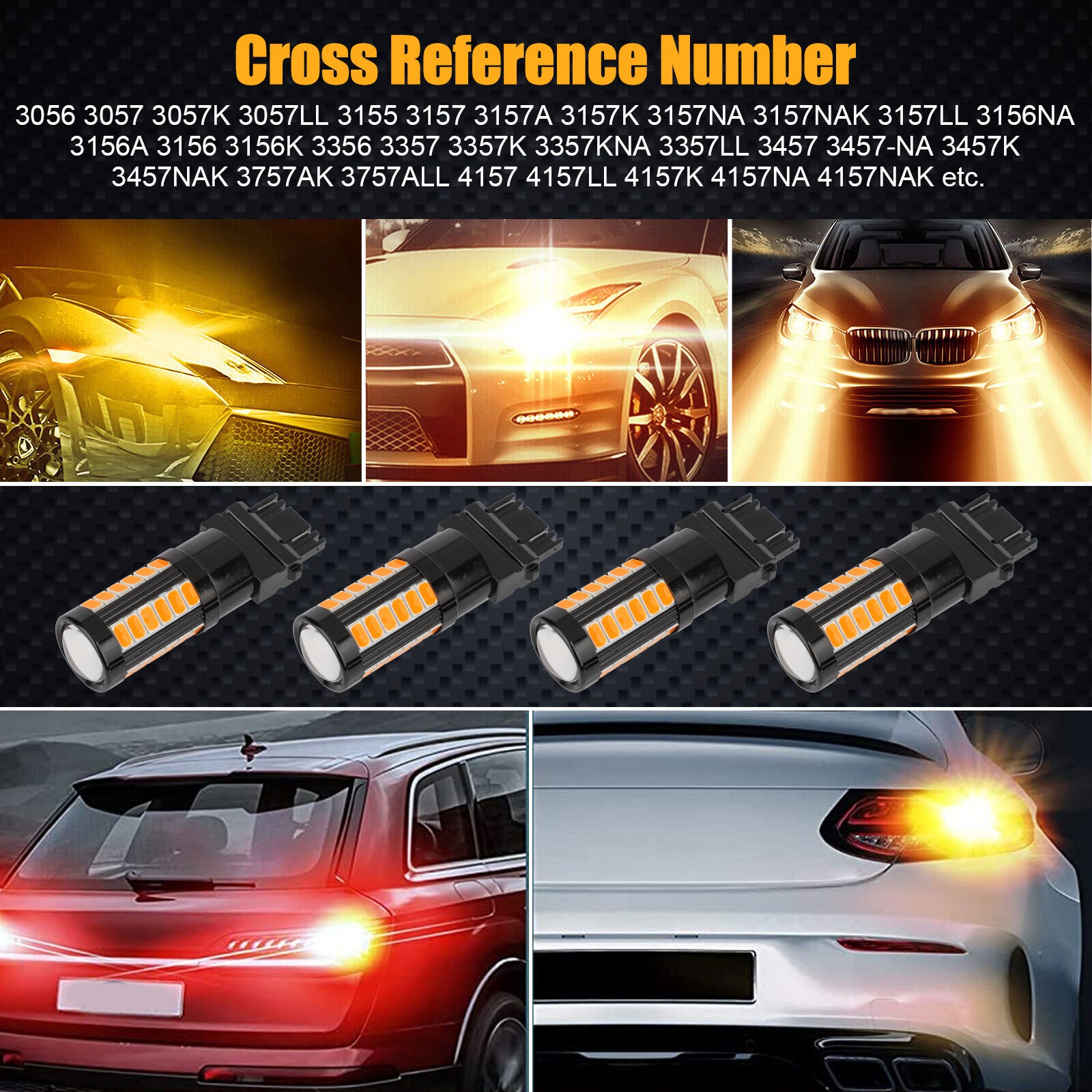 4x 3157 3156 33-LED Turn Signal Parking DRL Light Bulbs Brake Lamp Amber Yellow