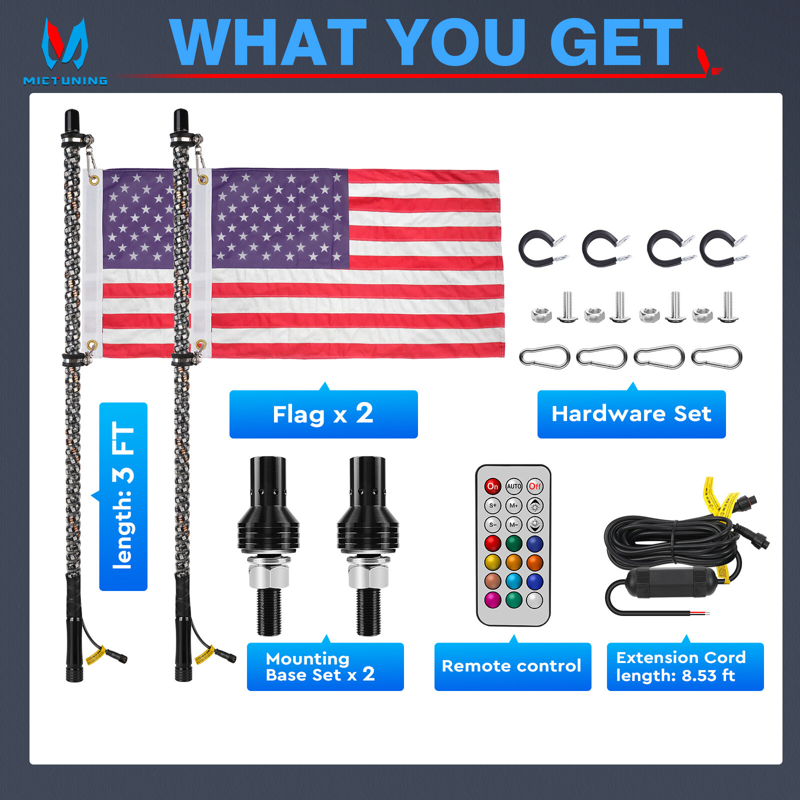 1Pair 3ft/4ft RGB-IC LED Whip Lights 360° Antenna Flow Lamp w/Remote For UTV ATV