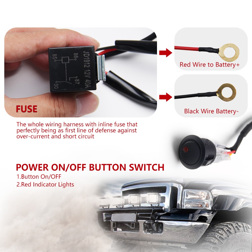 6.5ft LED LightBar Wiring Harness Kit 12V 40A Fuse Relay ON/OFF Switch-1 Lead US