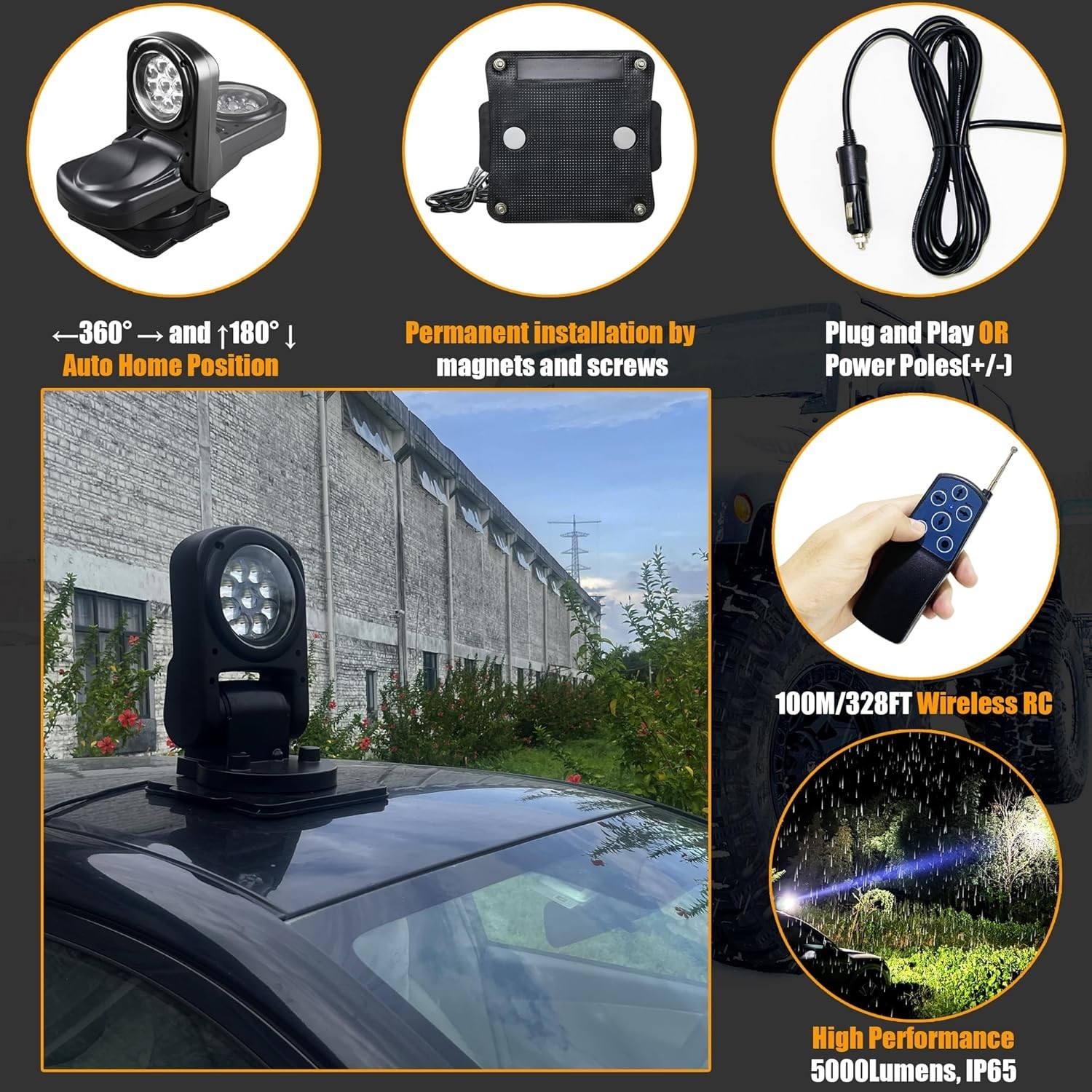 Versatile 360° Remote-Controlled LED Searchlight for Trucks & Boats, Rated
