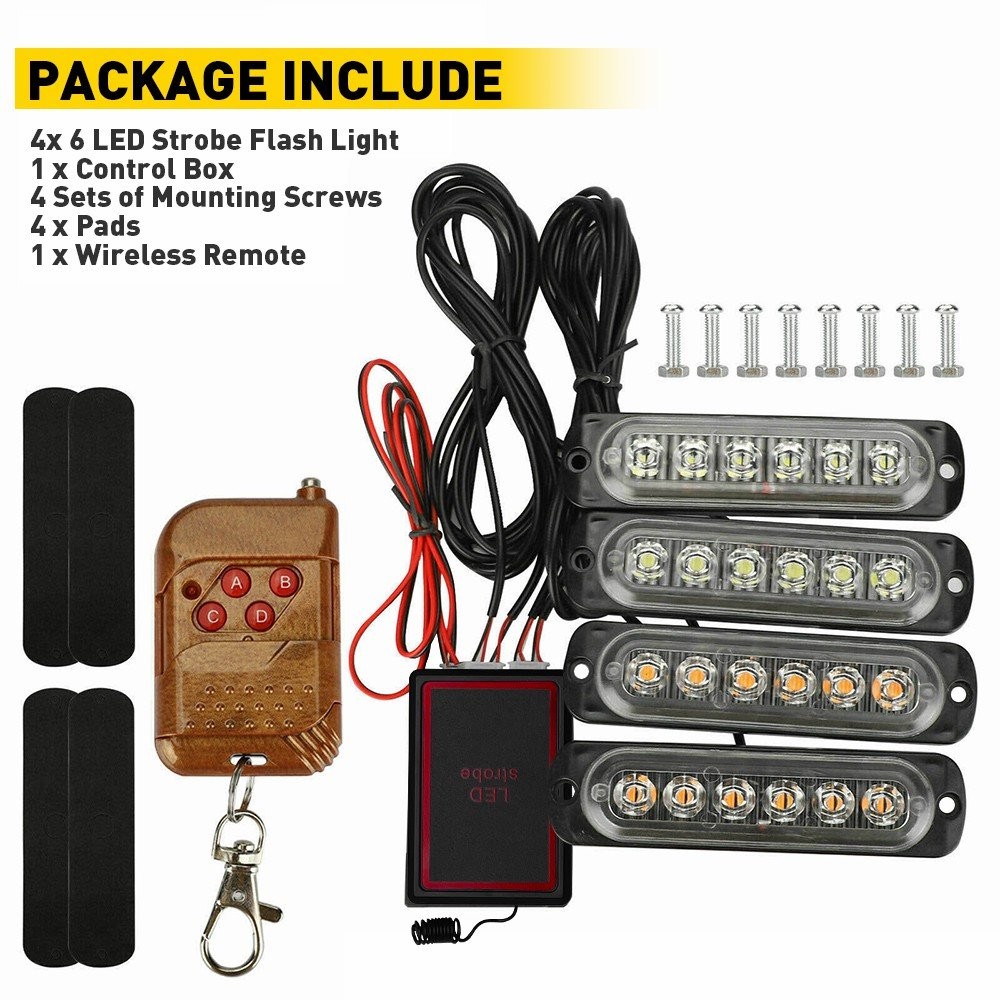 4PCS 6-LED STROBE LIGHTS WARNING FLASHING BEACON AMBER WHITE 12V REMOTE CONTROL