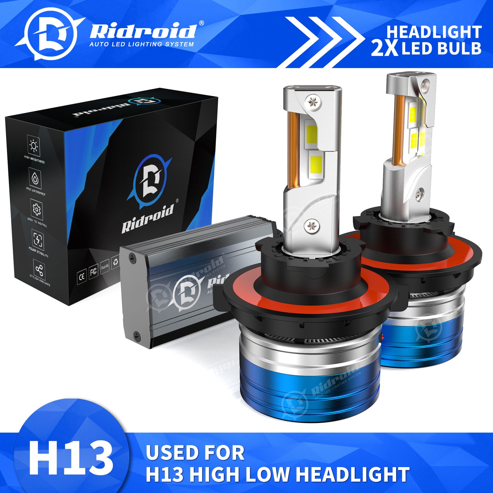 H13 9008 LED Headlight Bulbs Kit High Low Beam 6500K Super Bright White 720000LM