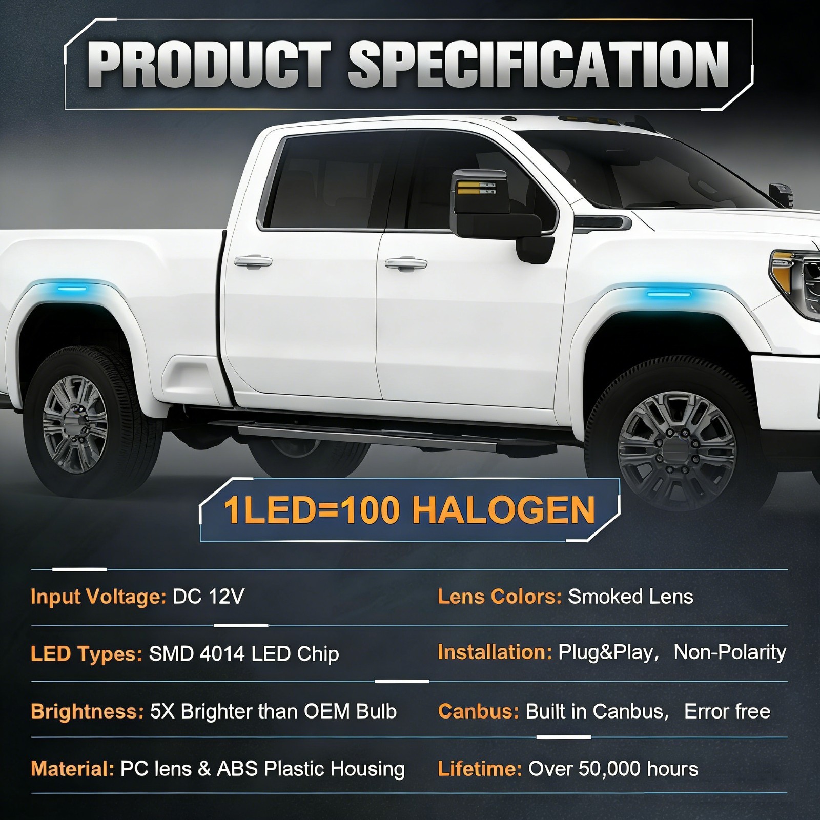 Smoke Lens Bule Side LED Marker Fender Lights For GMC Sierra 2500HD 3500HD 20-24
