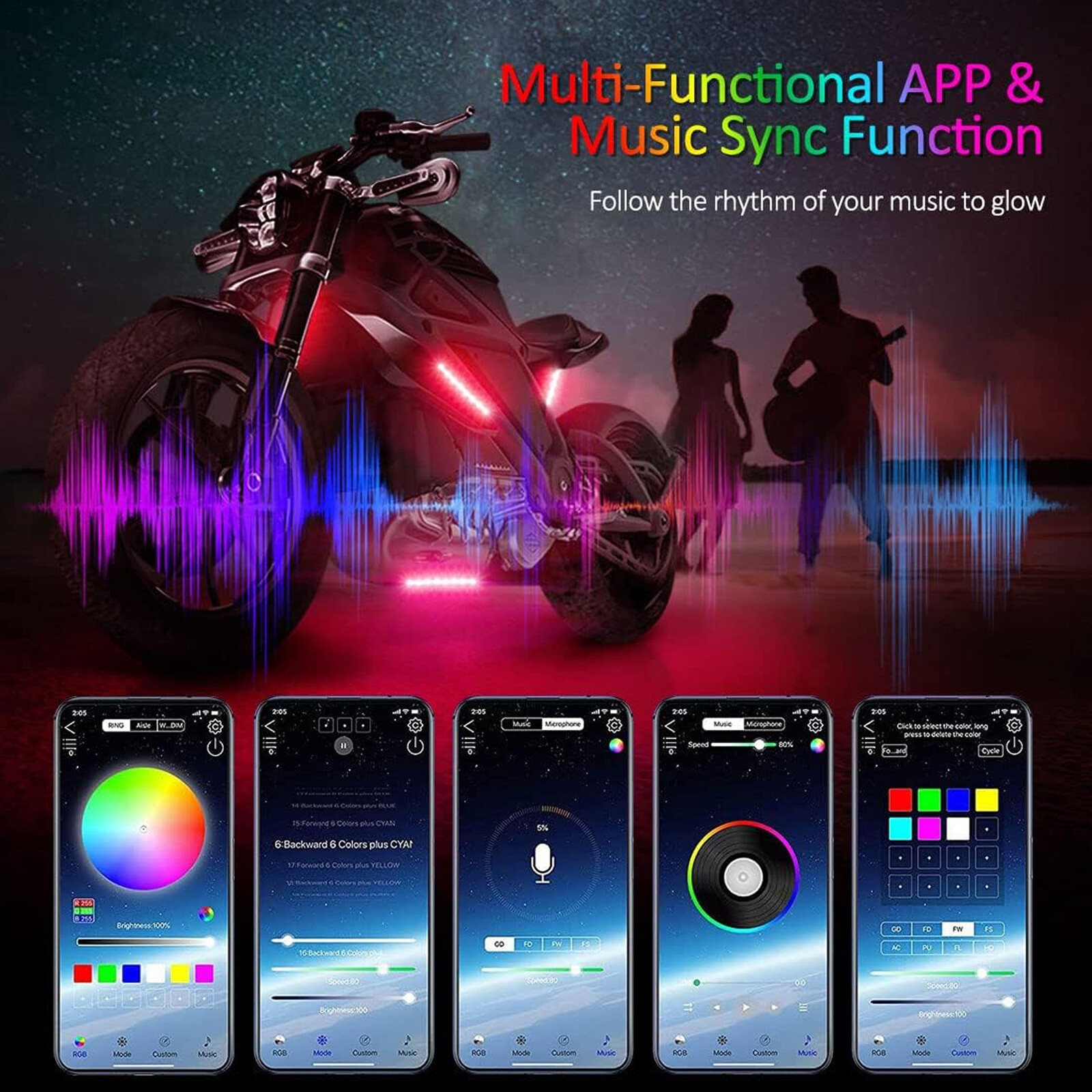 12V Motorcycle Car RGB APP Atmosphere Light Flexible Waterproof Sound Control