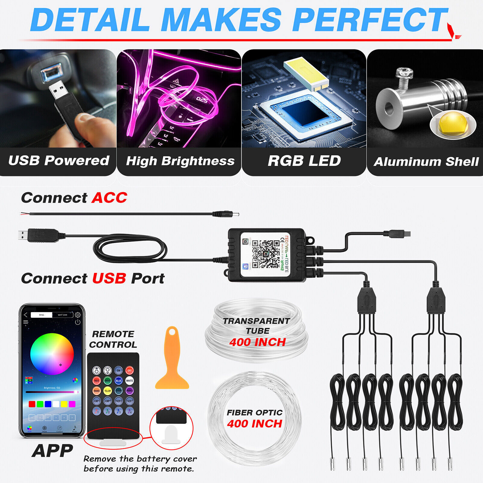 RGB 8 in 1 Interior Car LED Strip Lights Car Neon Accent Lighting Kit