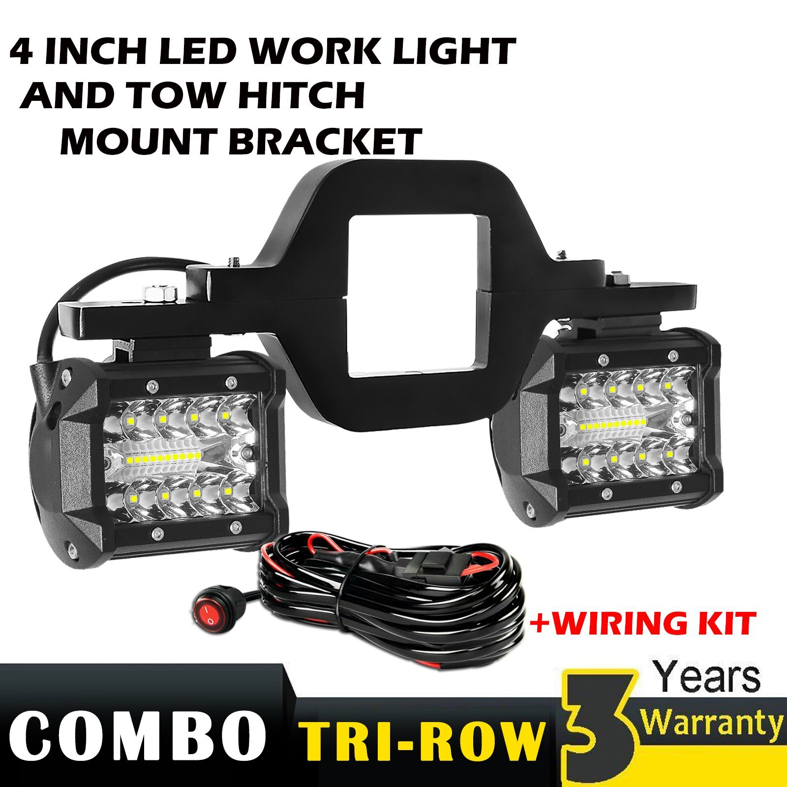 Tow Hitch Mounting Bracket+3-row LED Work Light Pods Backup Reverse 4“For Truck