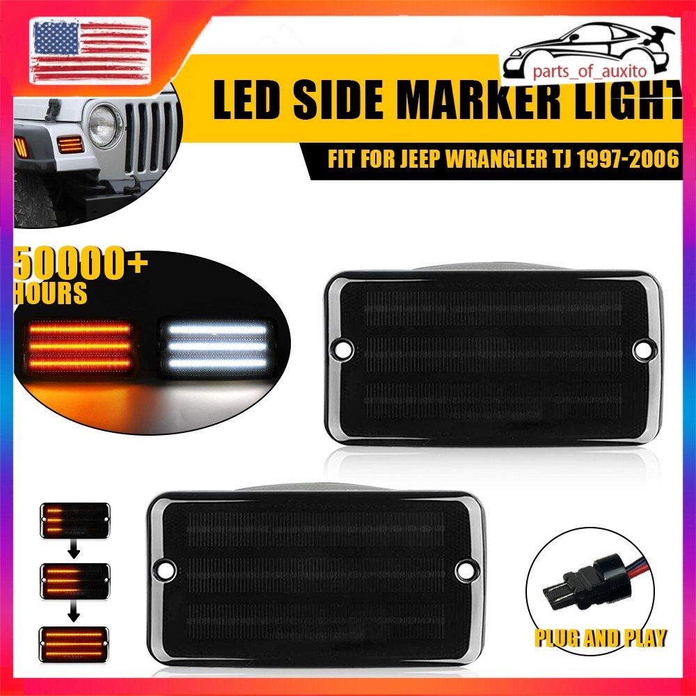 2/4x Front LED Amber Turn Dynamic Light Signal White Fit Wrangler Jeep TJ 97-06