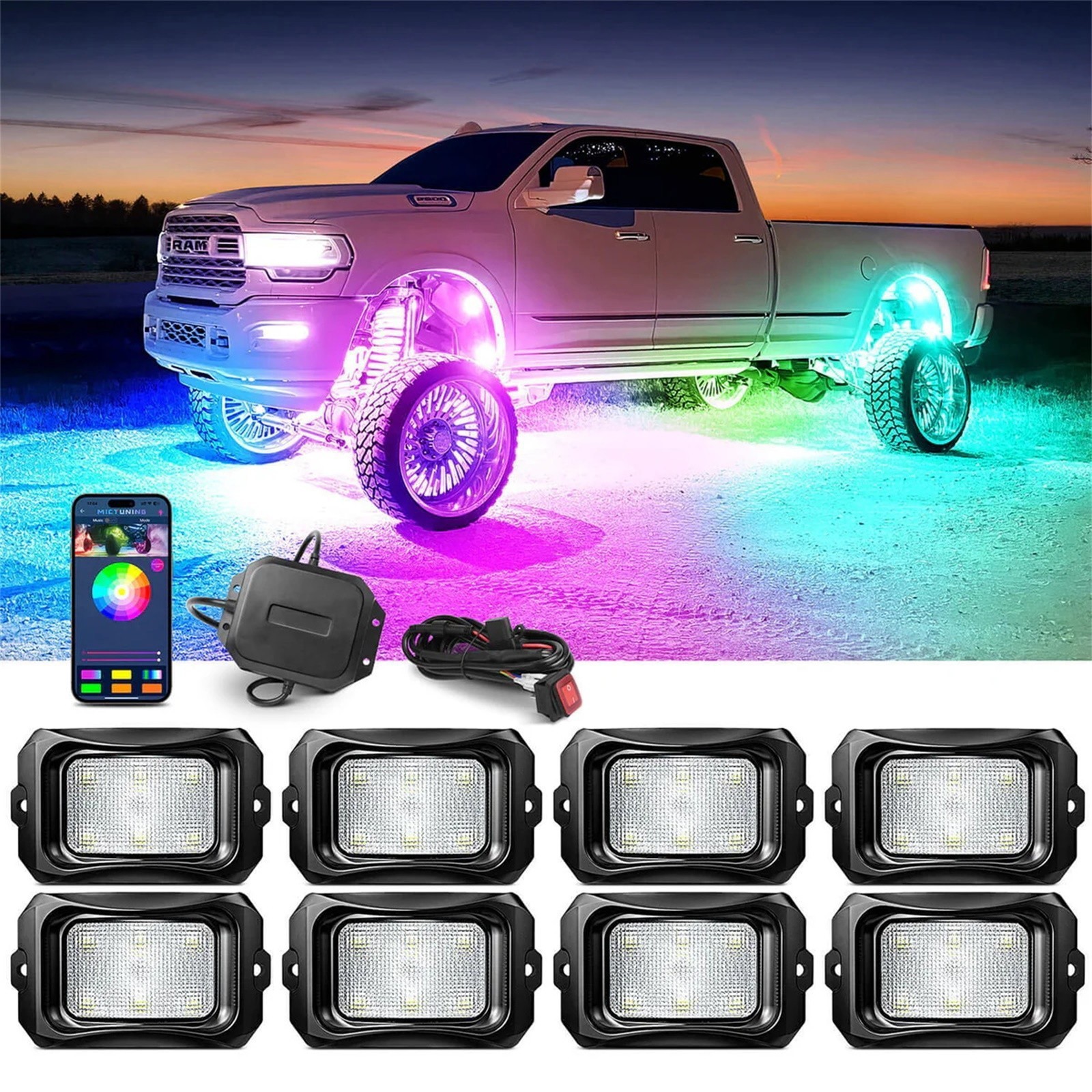 8/10/12 Pods RGB LED Rock Lights Offroad Truck APP Underbody Underglow Neon Kit