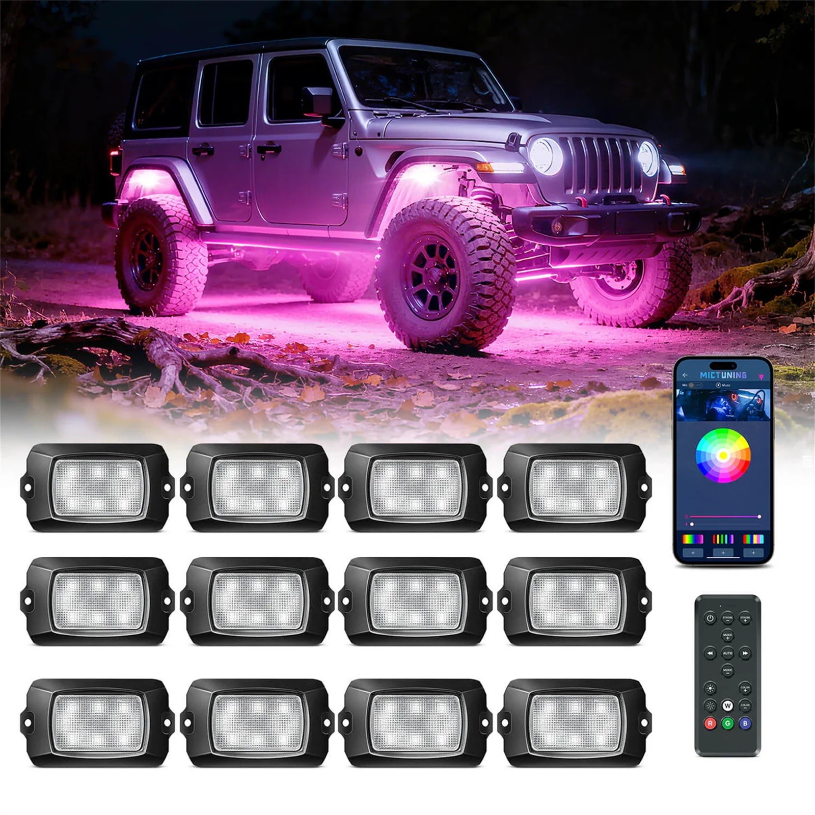 MICTUNING Rock Lights Kit Q1 RGB RGBW LED Off Road Underglow Neon Lamp w/ Remote