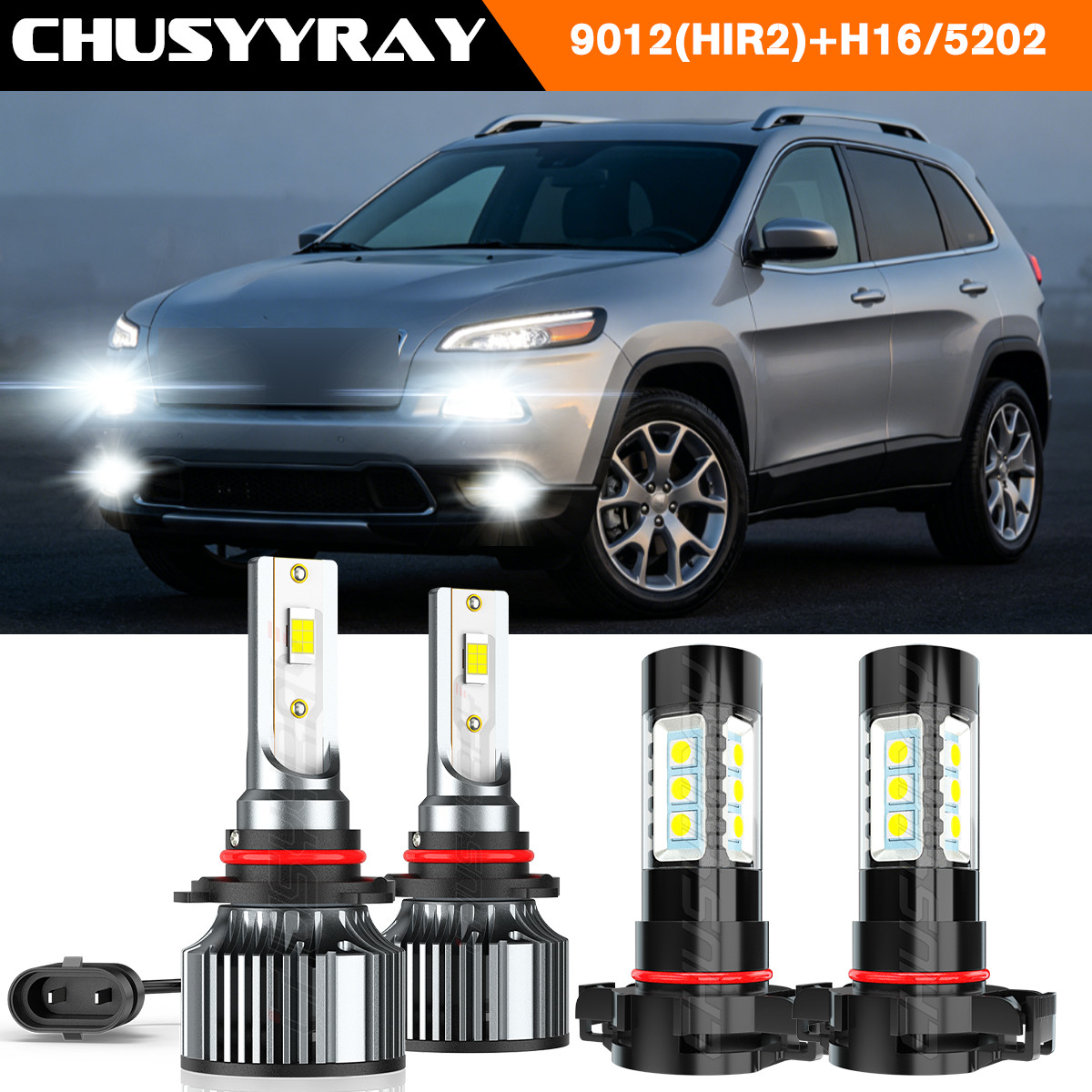 LED Headlight + Fog Bulbs 9012 H16 Combo Fit Jeep Cherokee 2.4L/3.2L 2014-2015