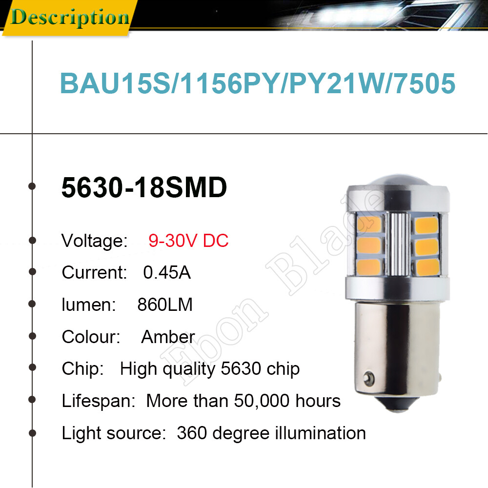 2 X 1156 BAU15S LED Bulbs Car Indicator Turn Signal Light Amber Bulbs 9V-30V DC