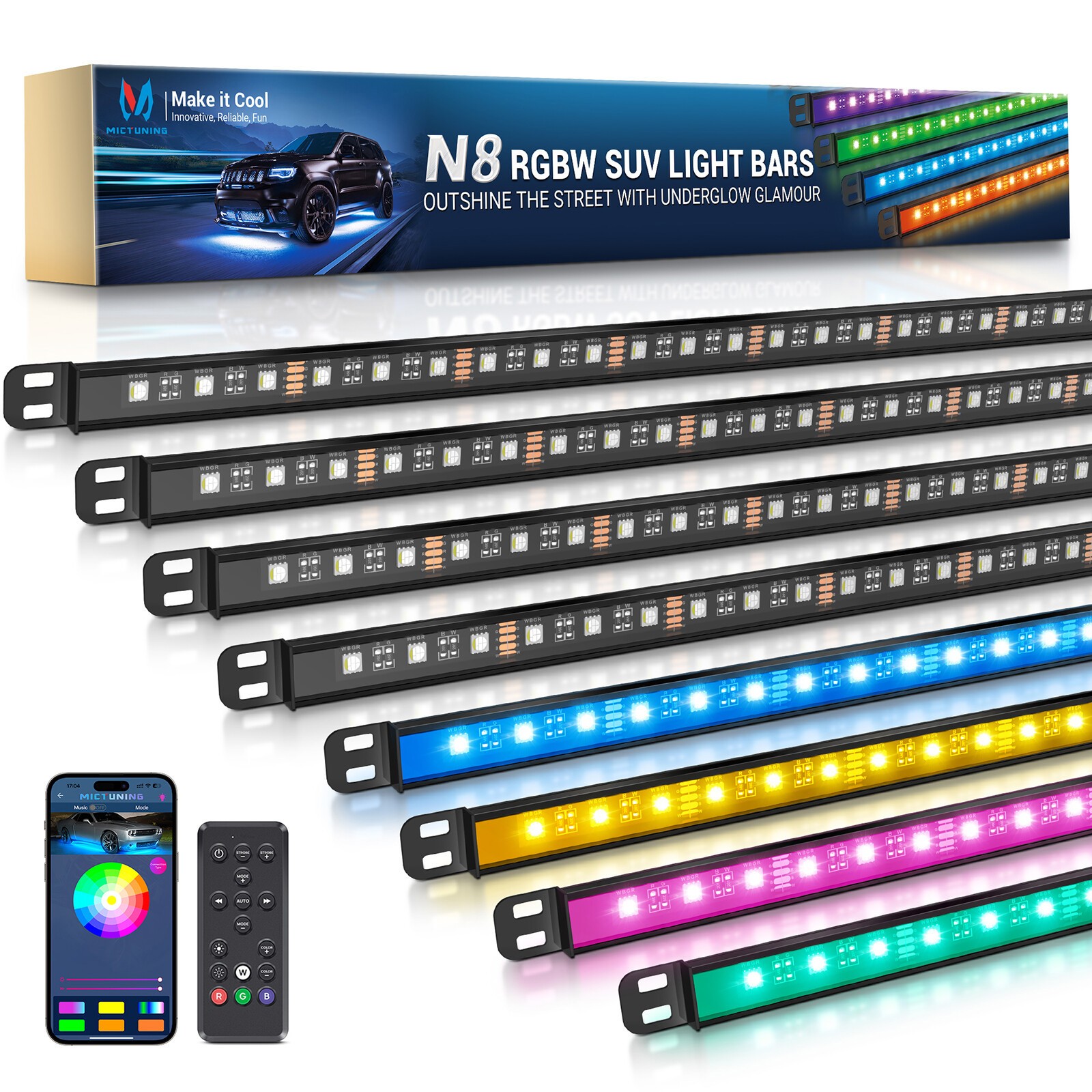 8PCS RGBW LED Light strips,Underbody Underglow Light Bars Aluminum Light strips