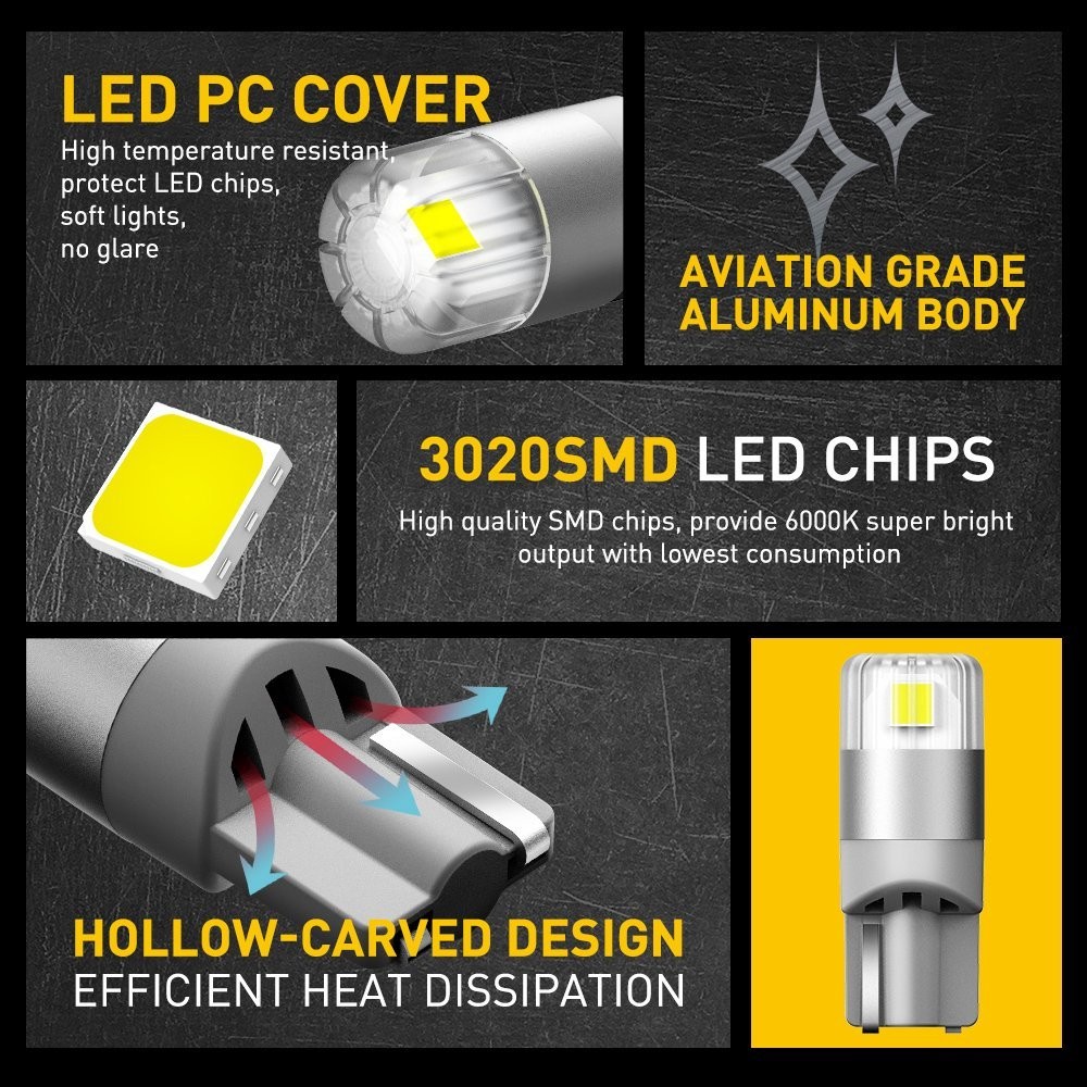 AUXITO T10 LED License Plate Light Bulbs 6000K 1000LM Bright White 168 2825 A2