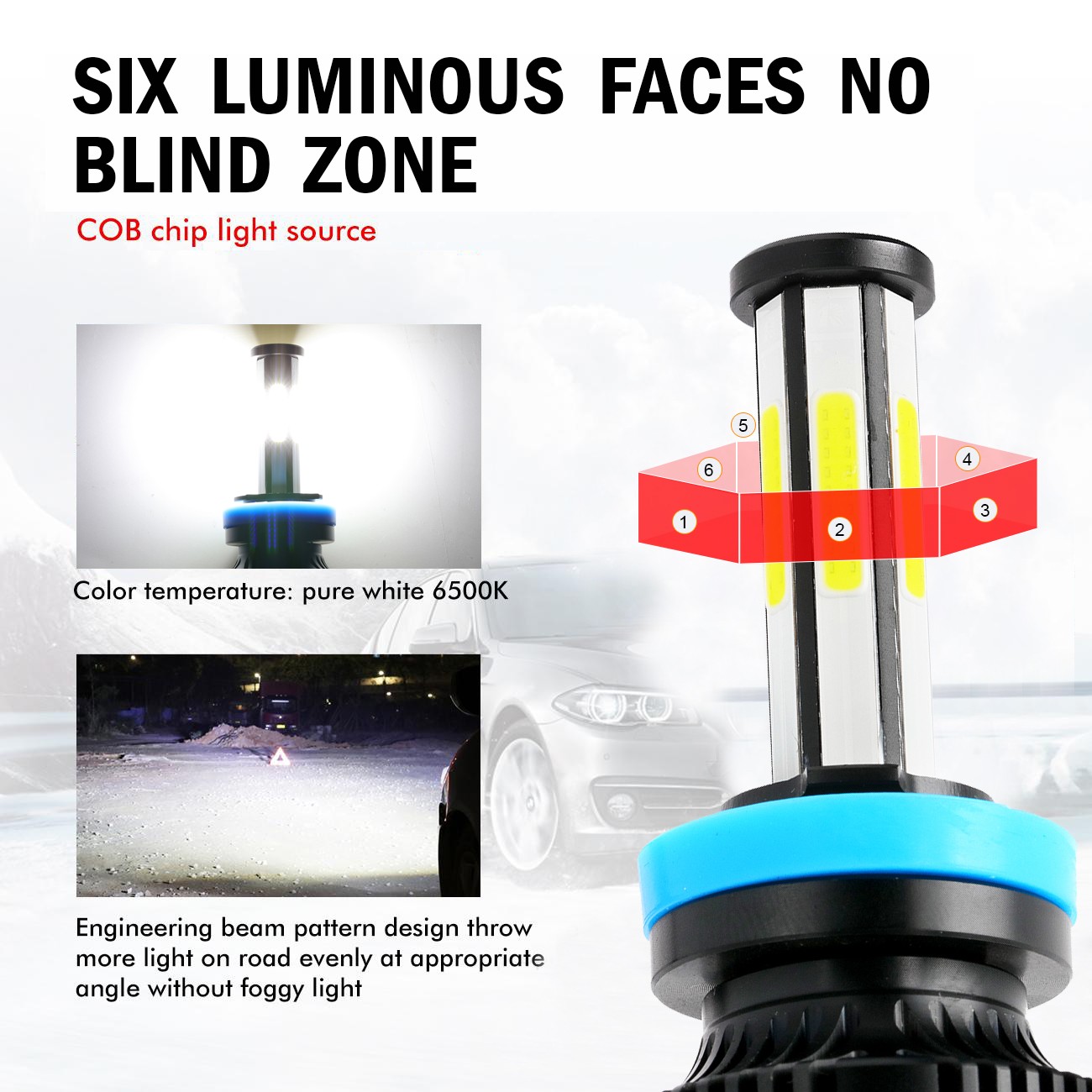 2x IRONWALLS 6-sides H11 LED Headlight Conversion Kit Low Beam Bulbs White 6500K