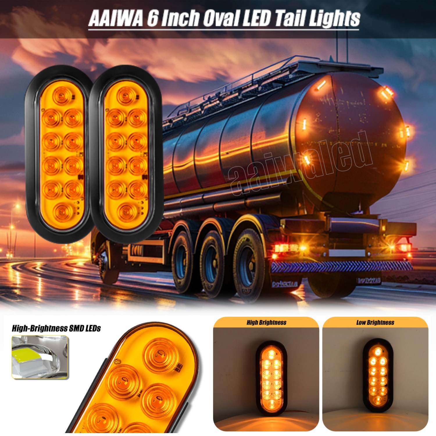 Amber 6″ Oval Trailer Lights 10 LED Stop Turn Tail Truck Sealed Grommet Plug DOT