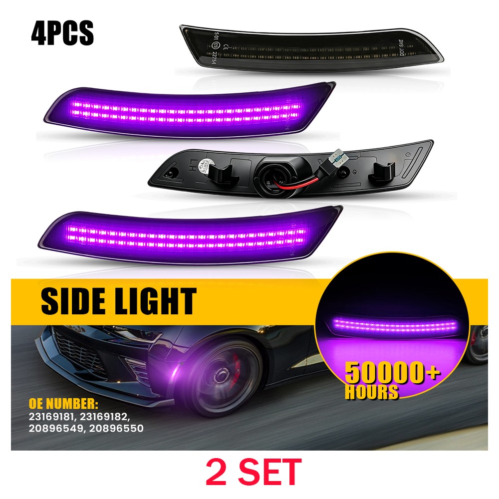 Purple LED Side Marker Lights 8X Fits 2016-2022 2023 Chevy Camaro Smoked Housing