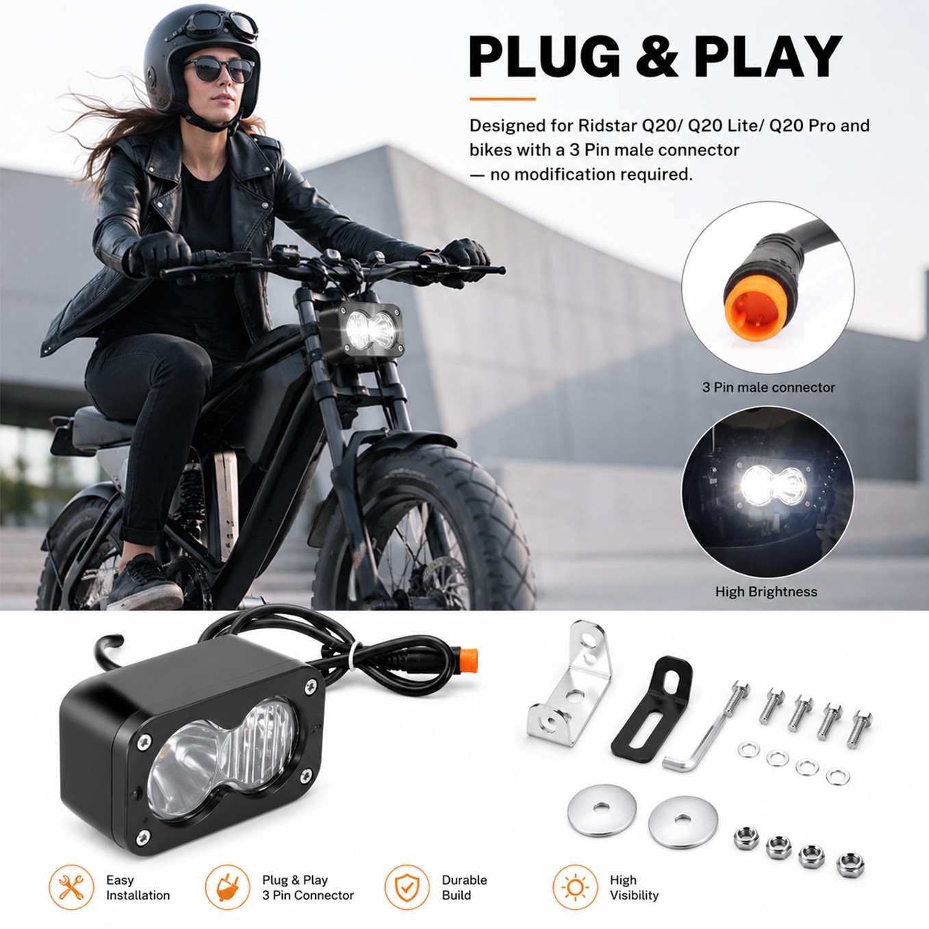 Headlight Kit For Ridstar Q20 EBike Plug and Play Waterproof 20W LED Work Light