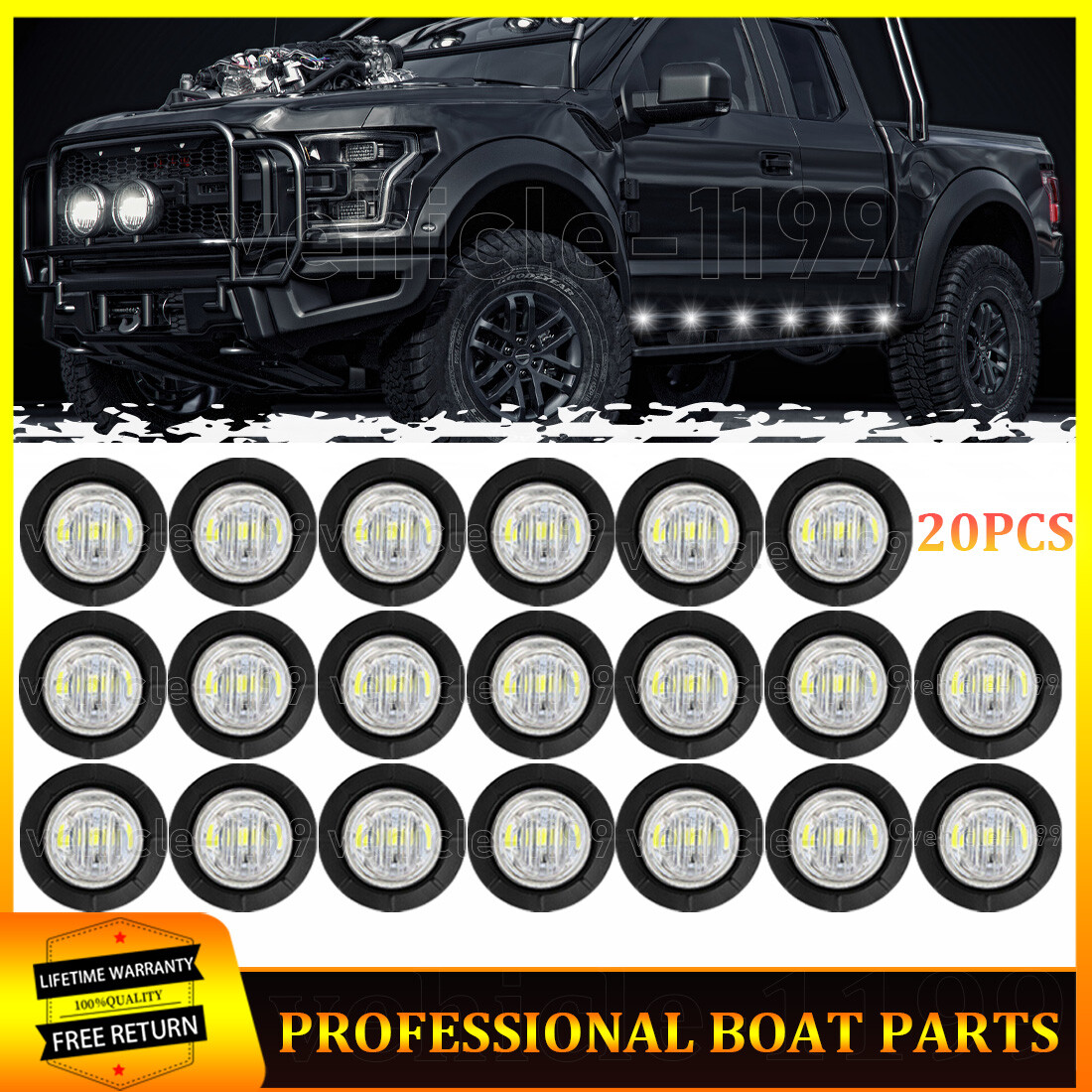 20x 3/4″ Clear White LED Side Marker Lights Round 12V Truck Trailer Bullet Light