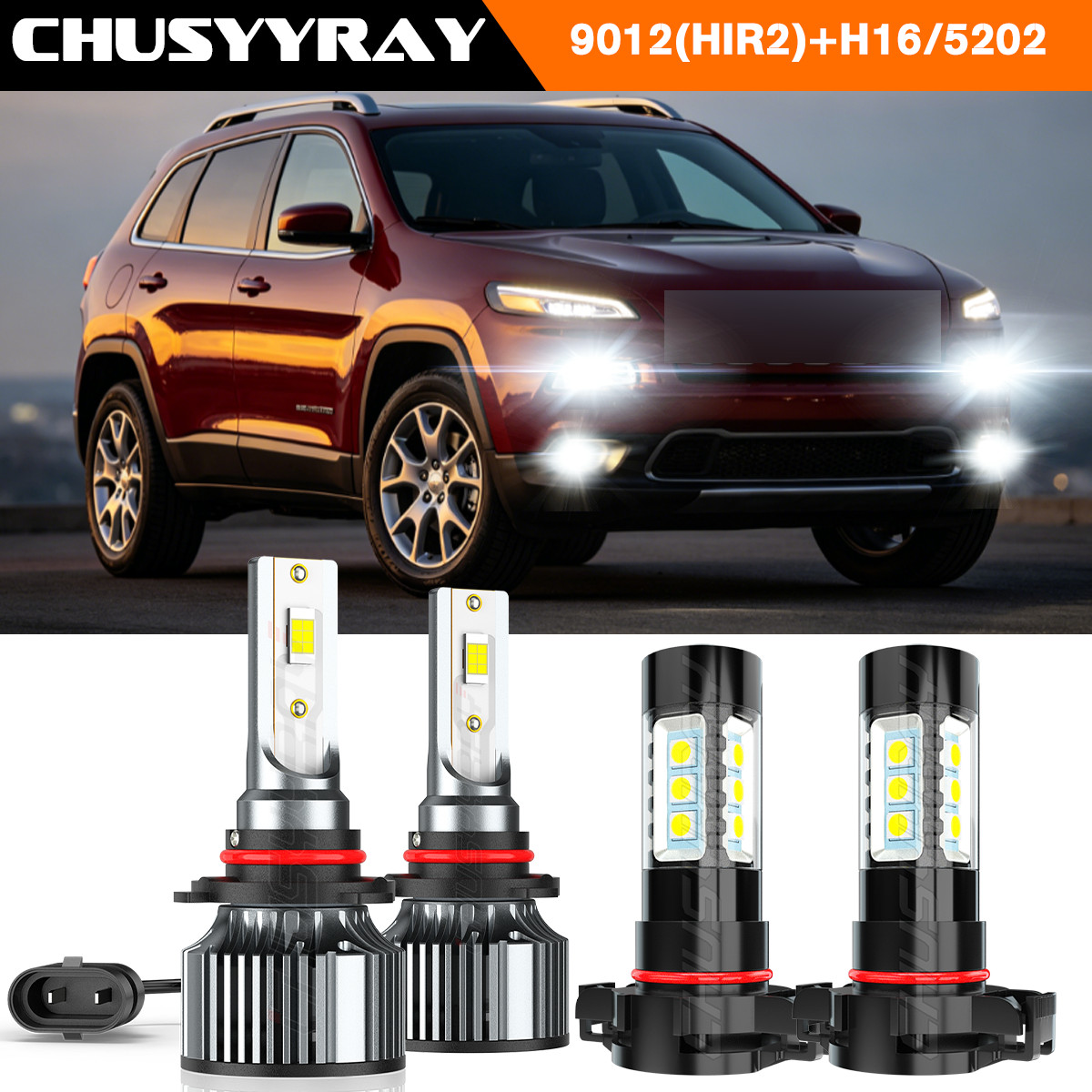 LED Headlight & Fog Bulbs 9012 H16 Combo For Jeep Cherokee 2.4L/3.2L 2014-2015
