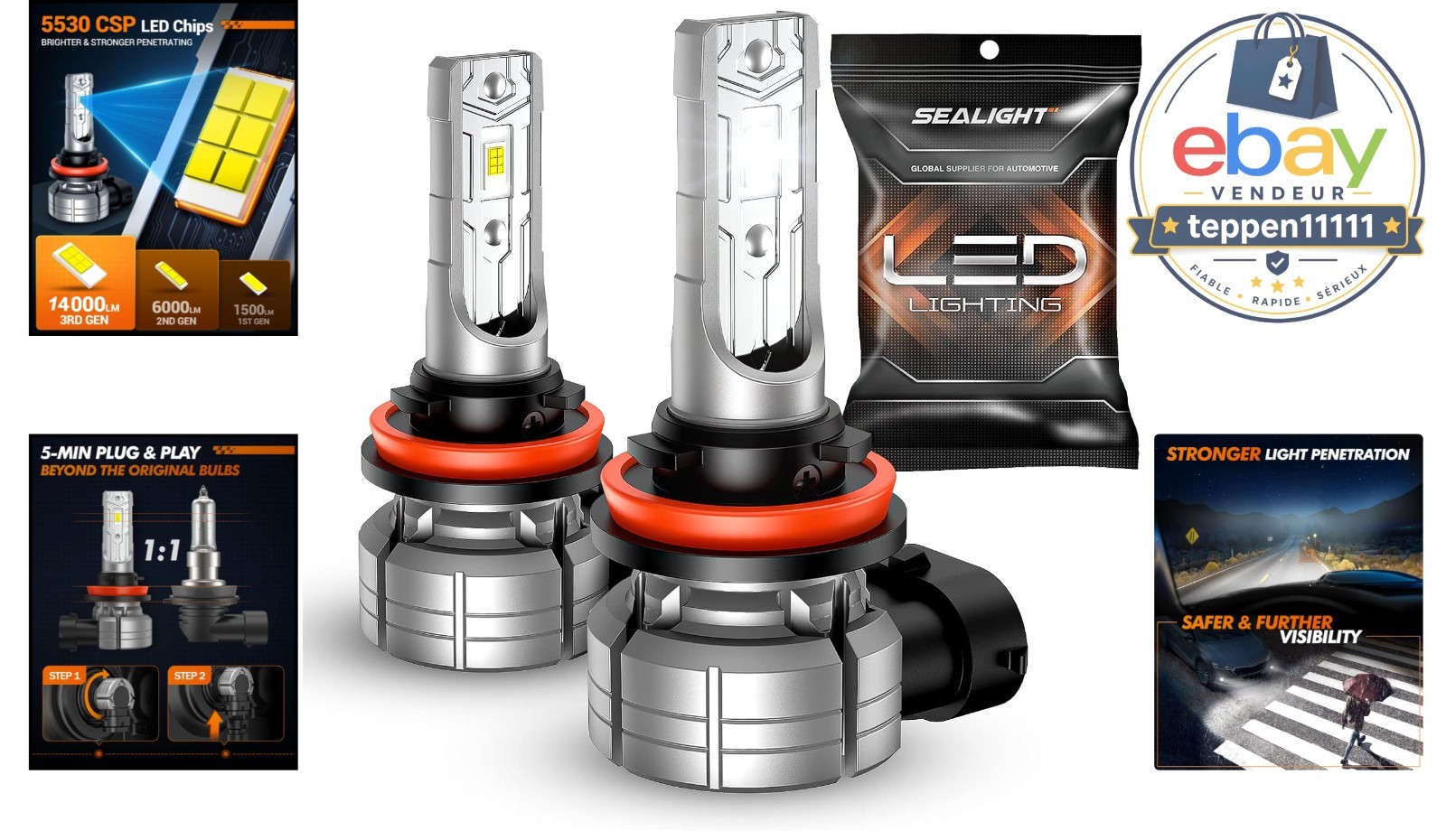 H11 H8 LED Fog Light Bulb 14000LM 24W 6500K Cool White
