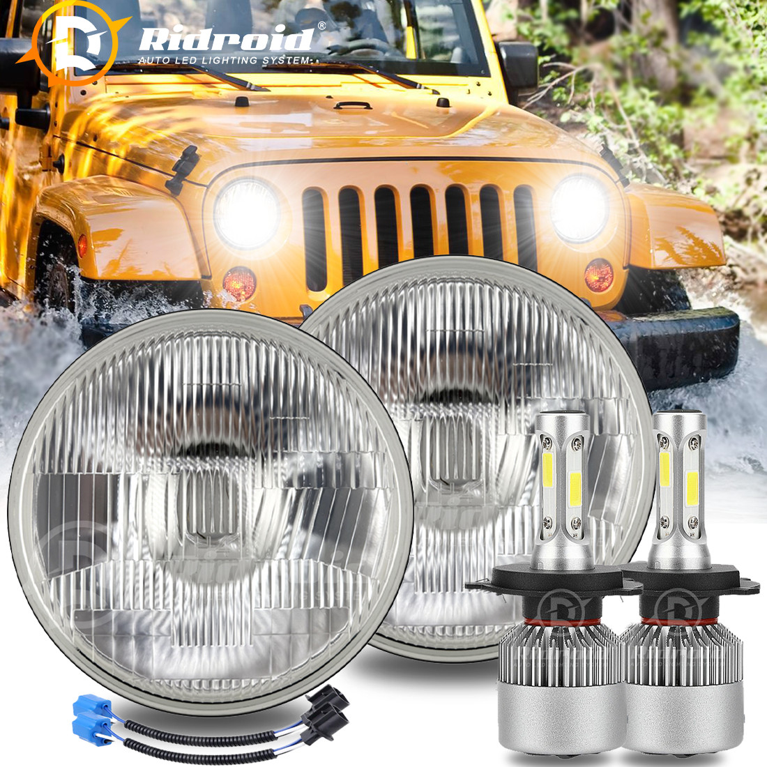 7 Inch LED Round GLASS Headlight Original Classic Look + LED H4 Bulb Conversion