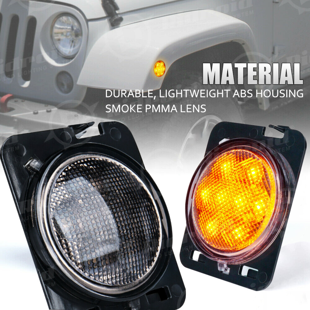 LED Side Marker Fender Lights Amber Smoked Lens For Jeep Wrangler JK 2007-2018