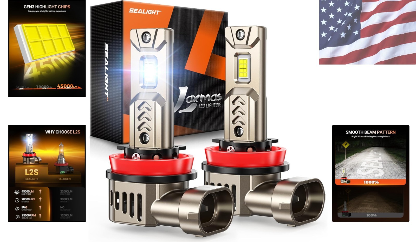 Bright White H8/H9/H11 LED Bulbs, 10X Brighter, 2 Pack for Powersports Lighting