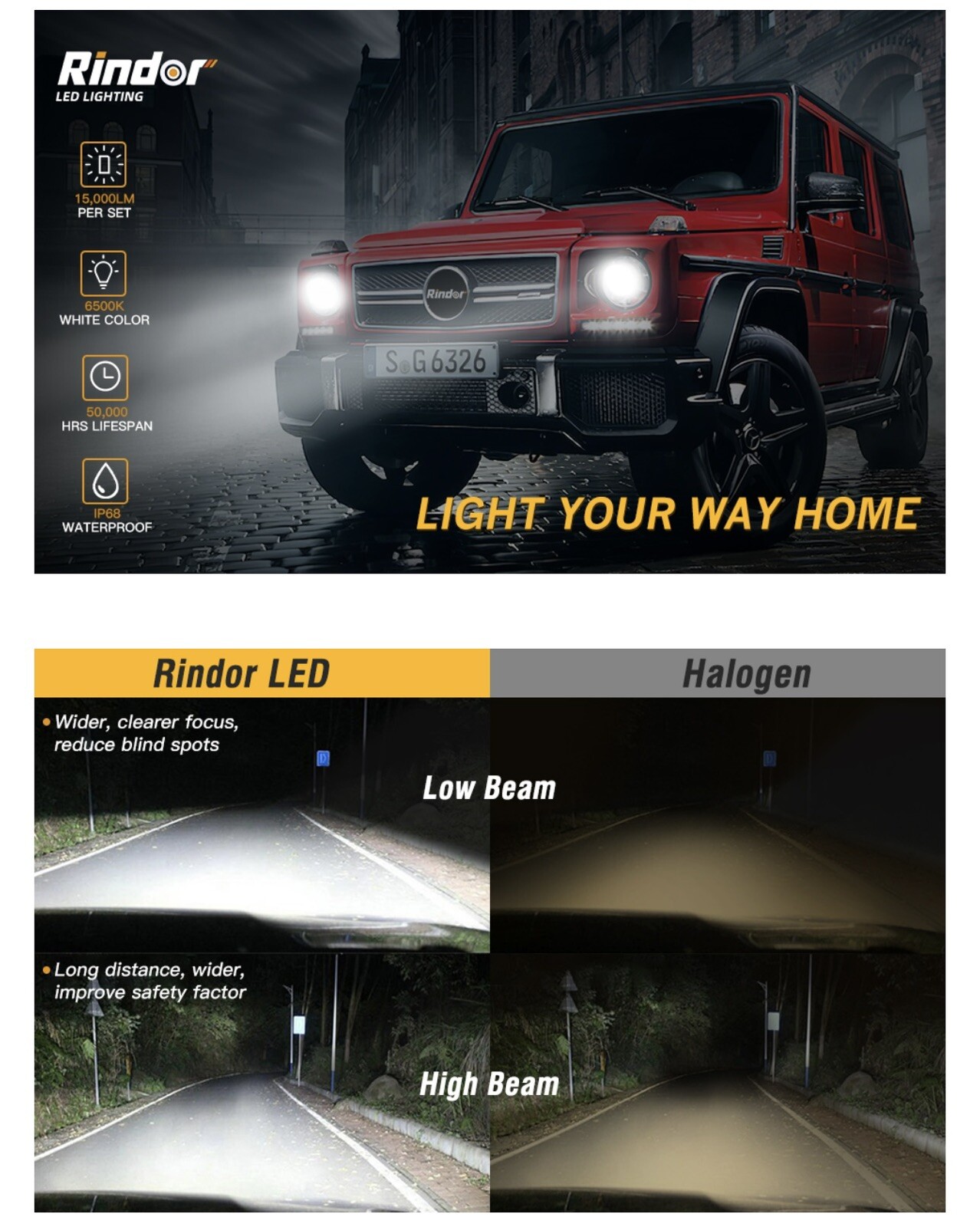 Rindor H11/H9/H8 Low Beam 9005/HB3 High Beam LED Headlight Bulb Combo Kit 4 Pack