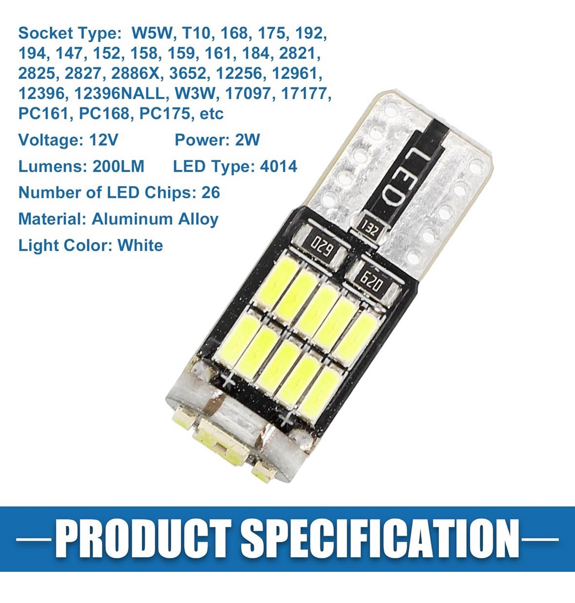 W5W T10 194 LED Bulbs 200LM White 12V 4014 26