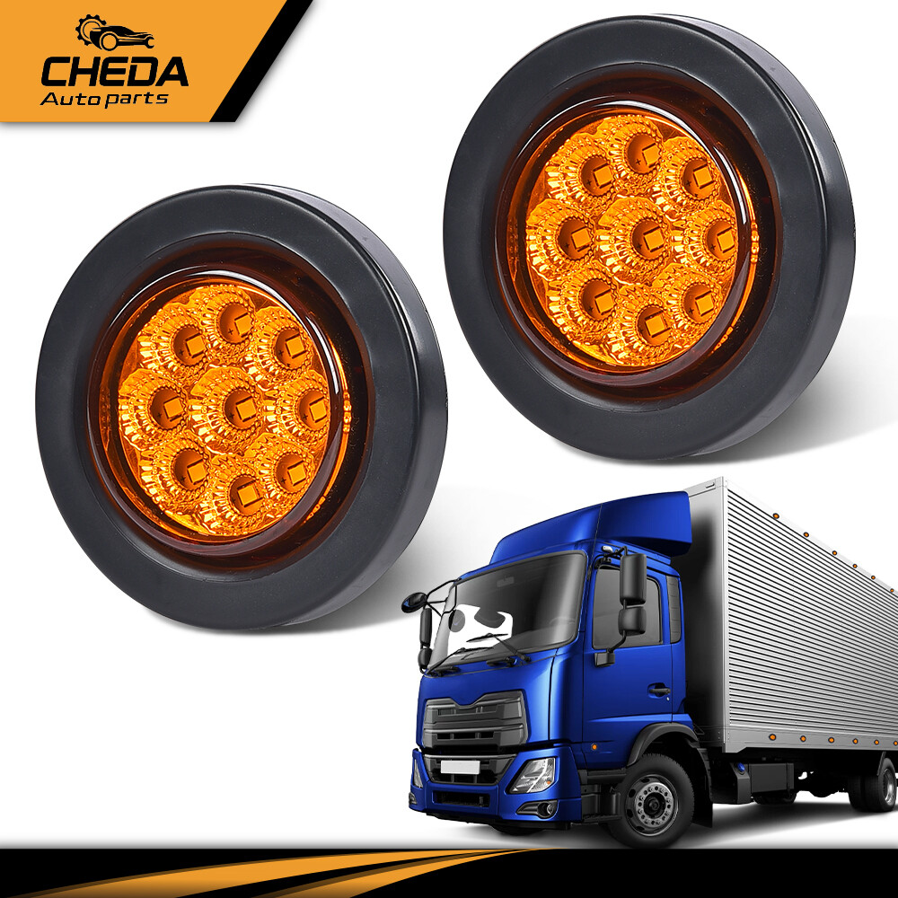 2x Amber 2″ Inch Round 9-LED Side Marker Clearance Lights Truck Trailer Lamp 12V