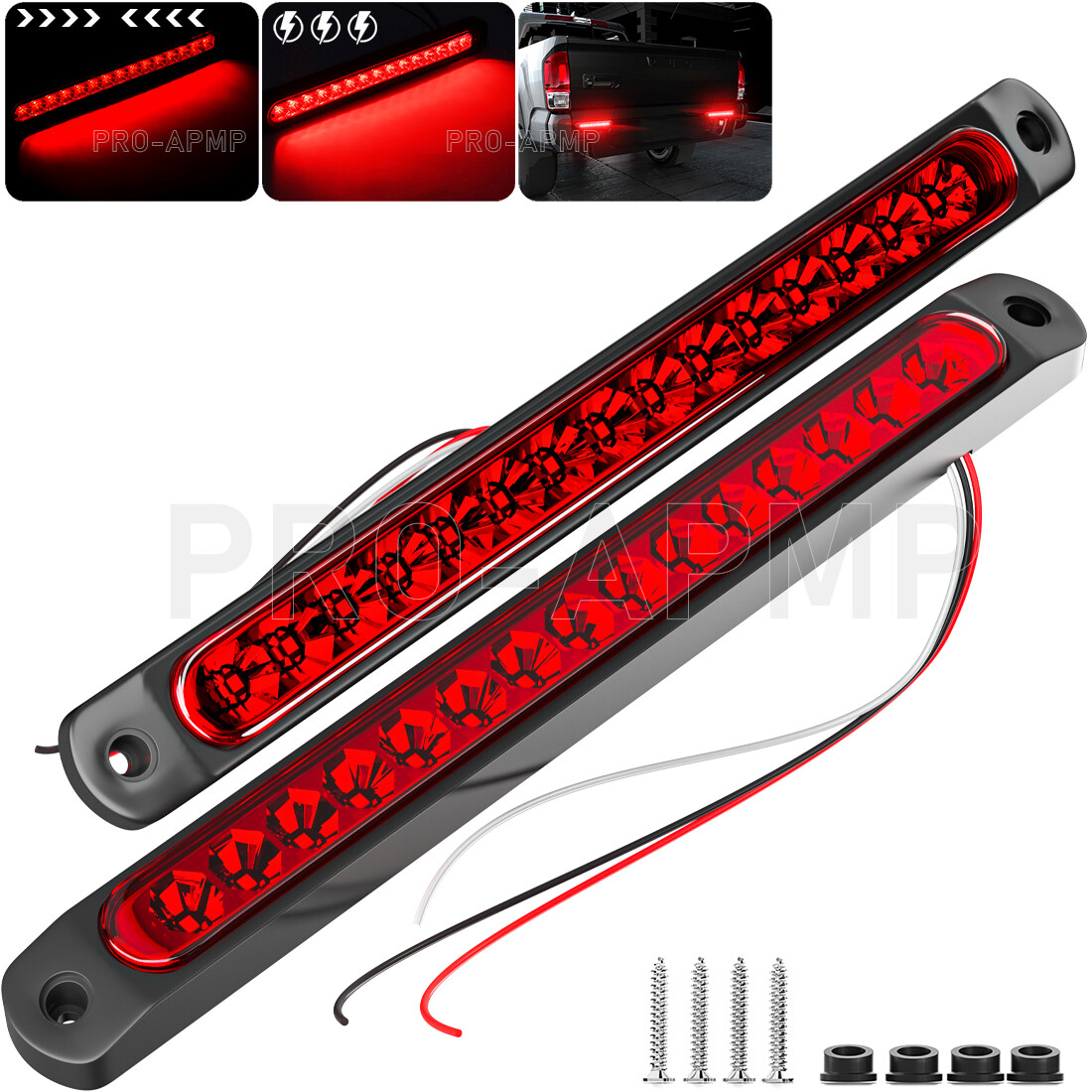 2Pcs LED Tail Lights Red Flash 10″ Truck Trailer Strip Stop Turn Brake Light Bar