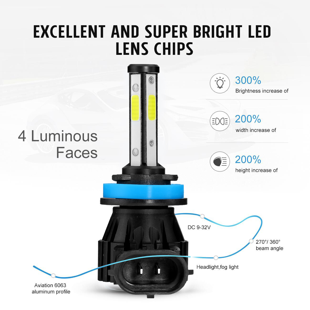 4-sides H11 H9 LED High Beam Headlight Bulbs Conversion Kit Fanless 6000K White