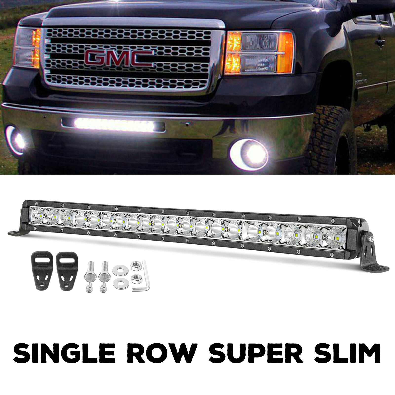 Slim 20″ LED Light Bar Single Row Spot Flood Combo 6500K Driving Offroad SUV 12V