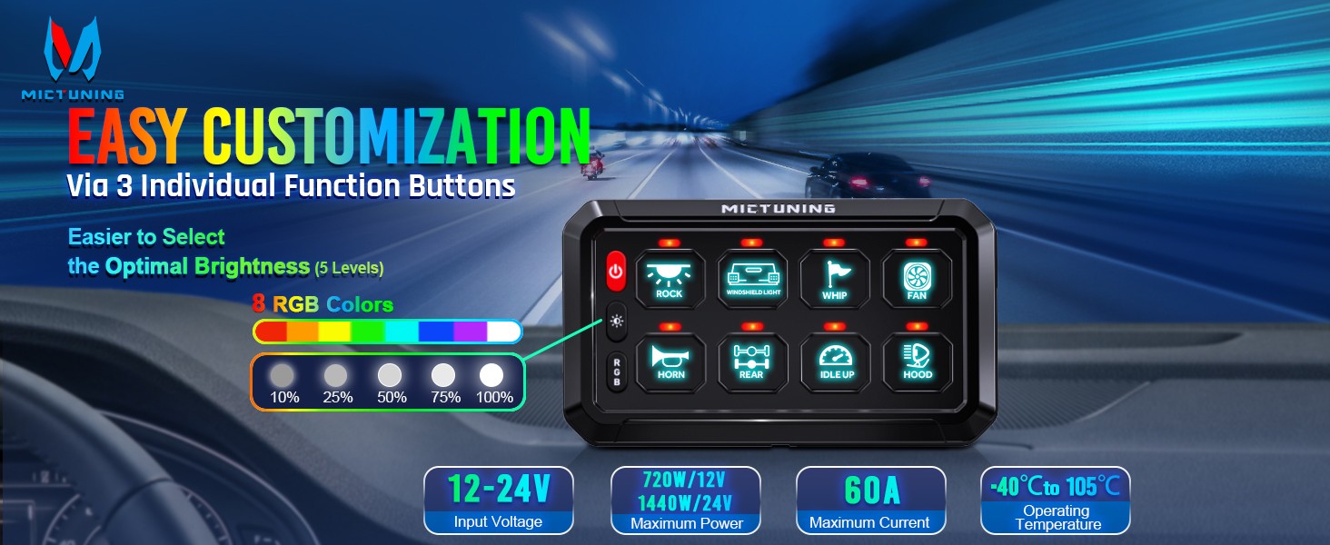 MICTUNING RGB 8 Gang Switch Panel LED Circuit Control Relay System Multipe Mode